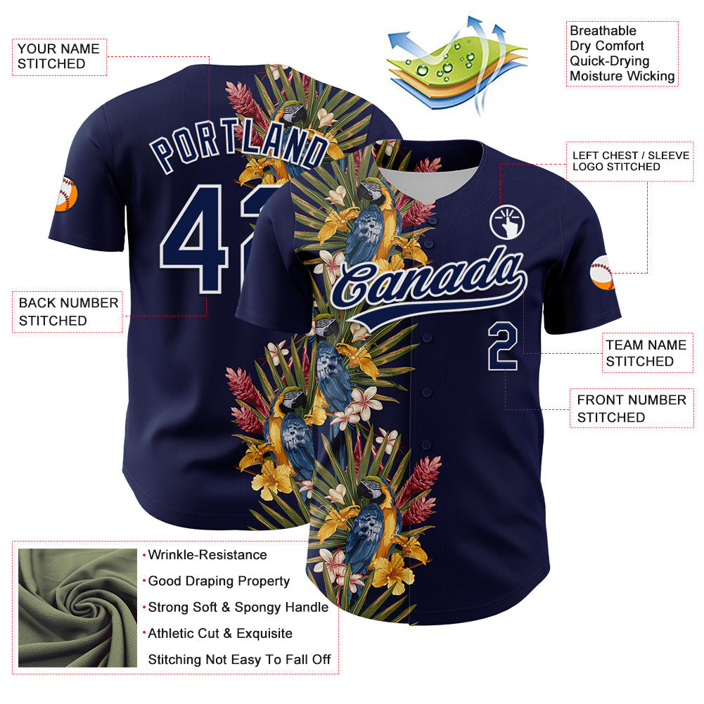 Custom Navy White 3D Tropical Hawaii Palm Tree And Bird Authentic Baseball Jersey view 3