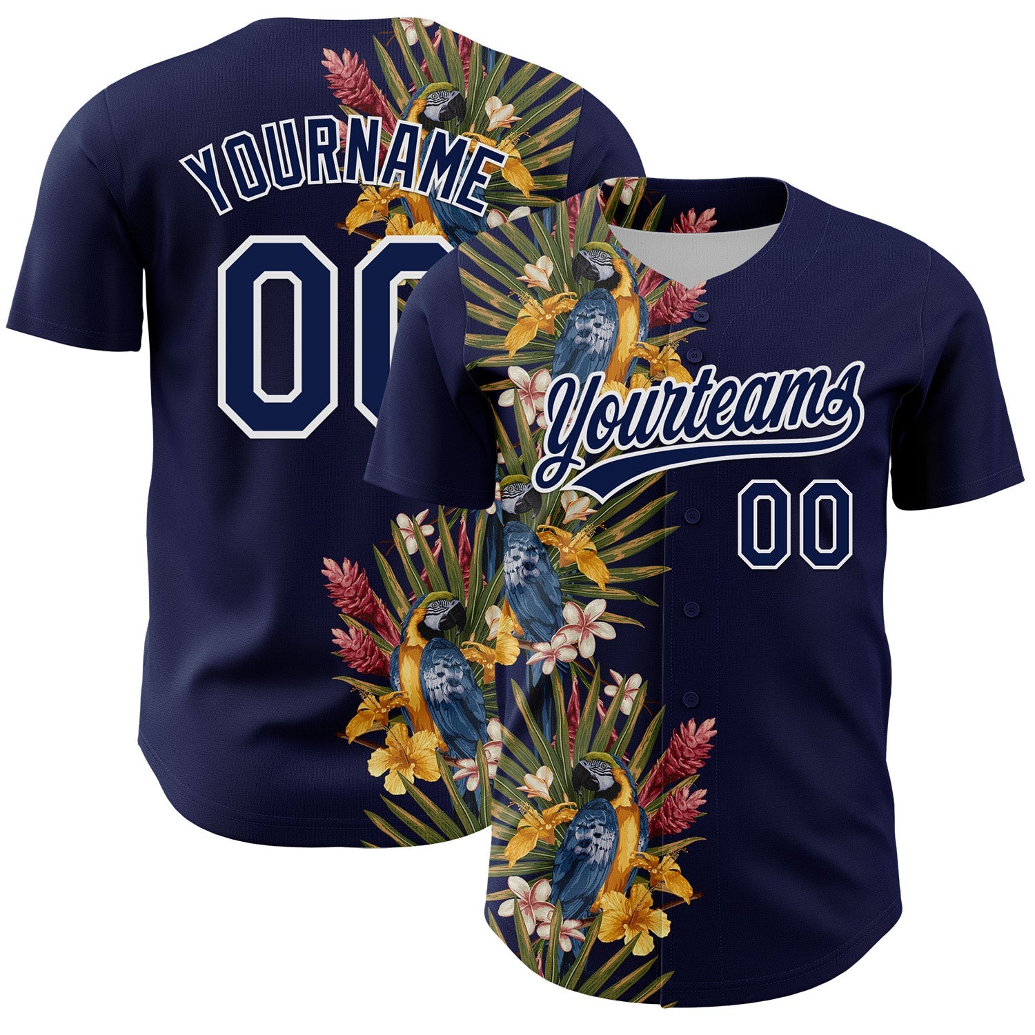 Custom Navy White 3D Tropical Hawaii Palm Tree And Bird Authentic Baseball Jersey - Main View
