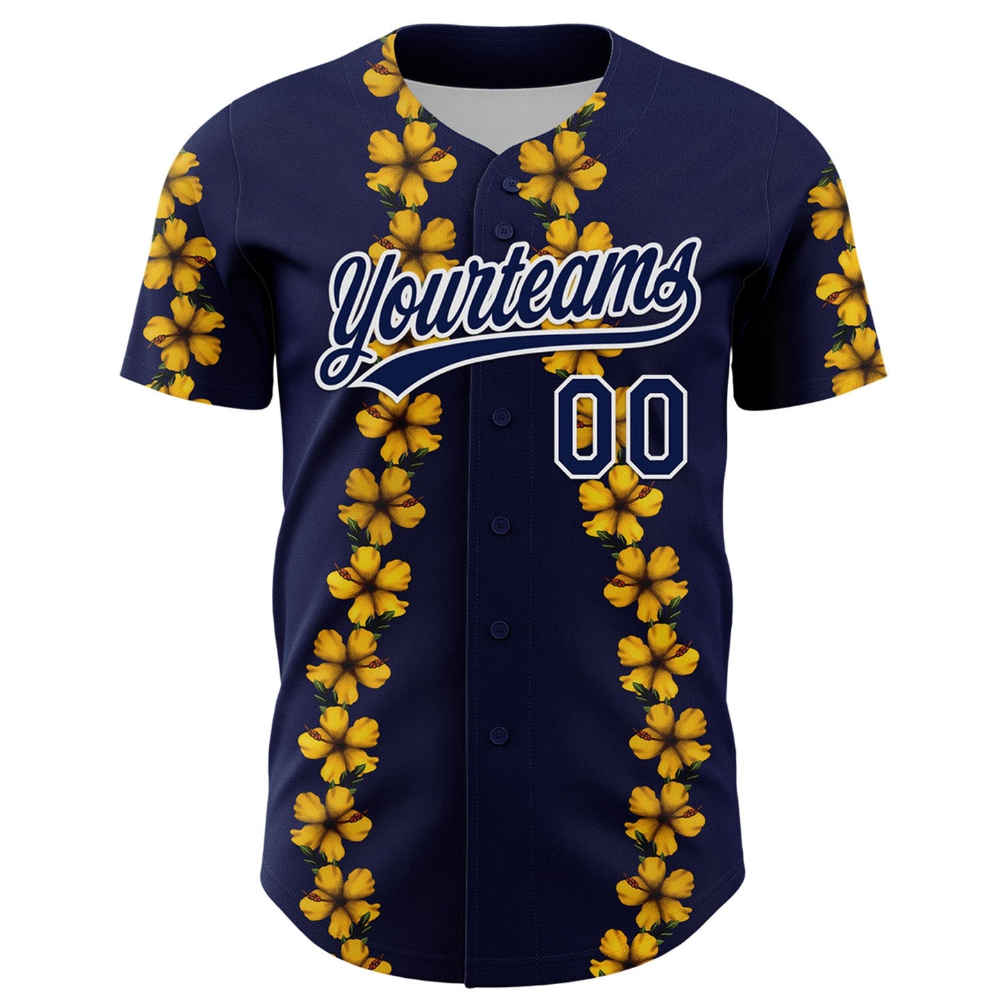 Custom Navy White 3D Tropical Hawaii Flower Authentic Baseball Jersey view 2