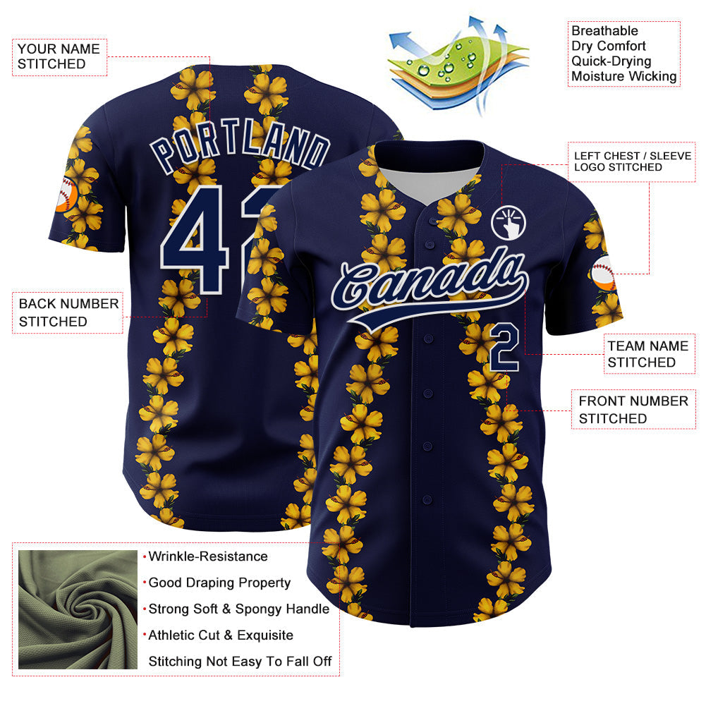 Custom Navy White 3D Tropical Hawaii Flower Authentic Baseball Jersey view 3