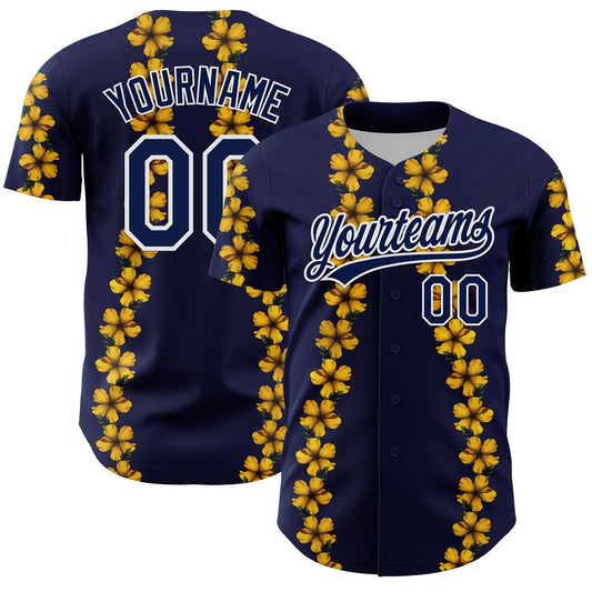 Custom Navy White 3D Tropical Hawaii Flower Authentic Baseball Jersey - Main View