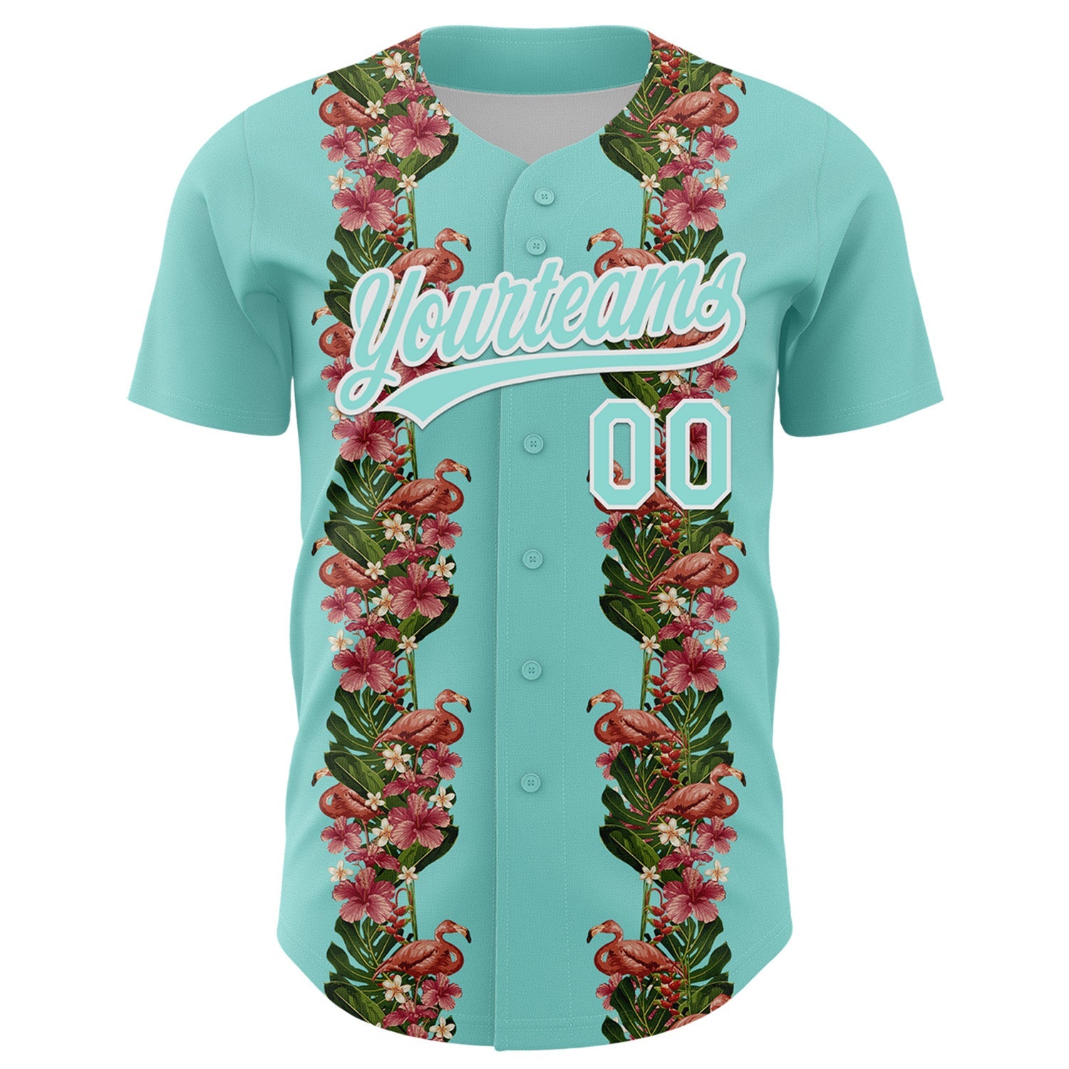 Custom Ice Blue White 3D Tropical Hawaii Plant And Flamingo Authentic Baseball Jersey view 2