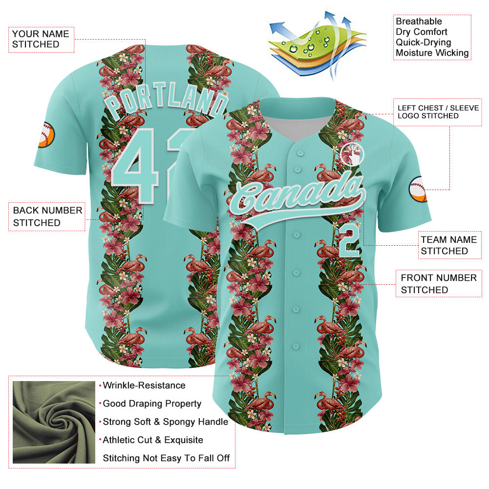 Custom Ice Blue White 3D Tropical Hawaii Plant And Flamingo Authentic Baseball Jersey view 3