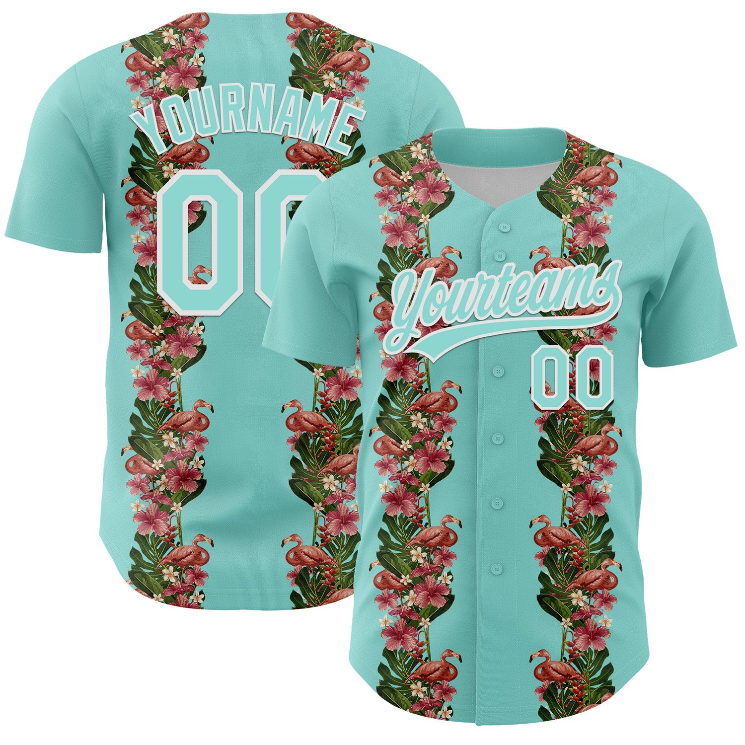 Custom Ice Blue White 3D Tropical Hawaii Plant And Flamingo Authentic Baseball Jersey - Main View