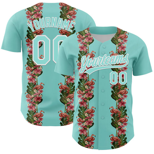 Custom Ice Blue White 3D Tropical Hawaii Plant And Flamingo Authentic Baseball Jersey - Main View