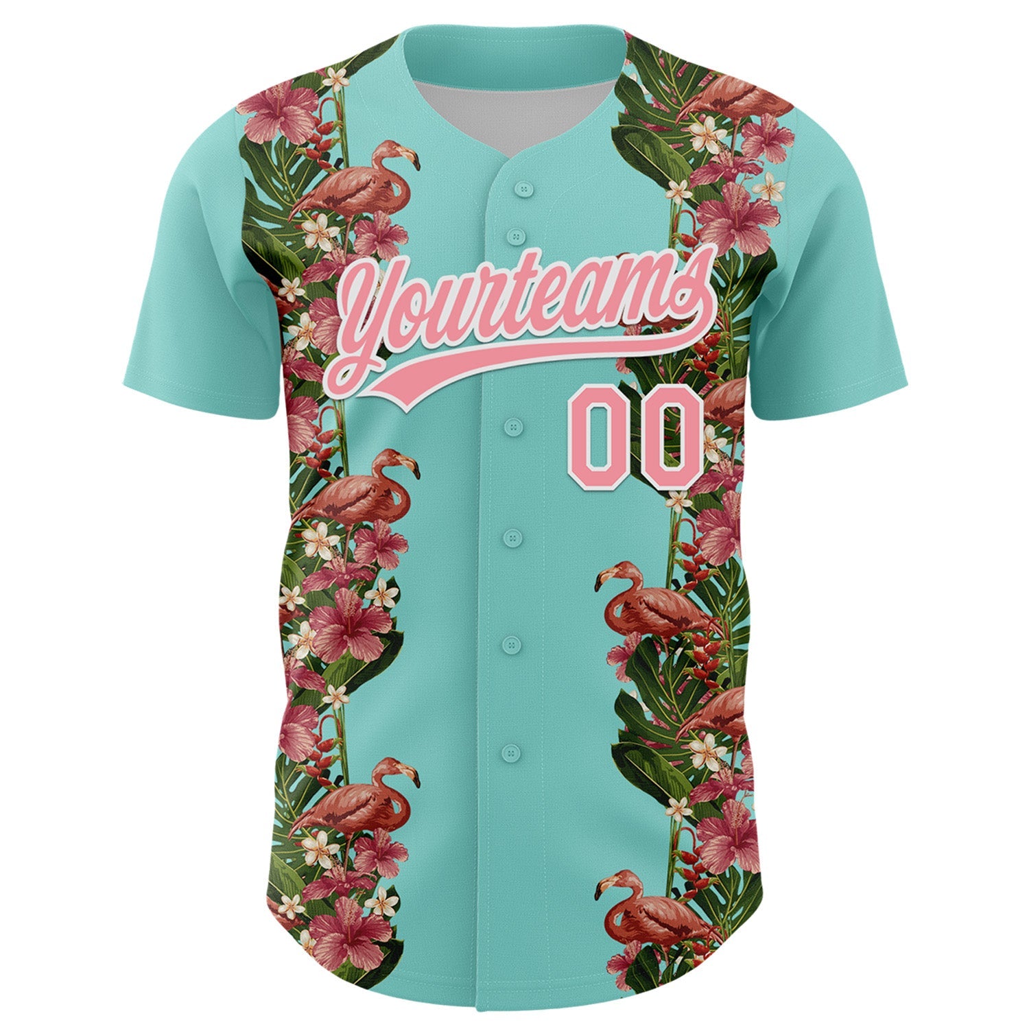 Custom Ice Blue Medium Pink-White 3D Tropical Hawaii Plant And Flamingo Authentic Baseball Jersey view 2