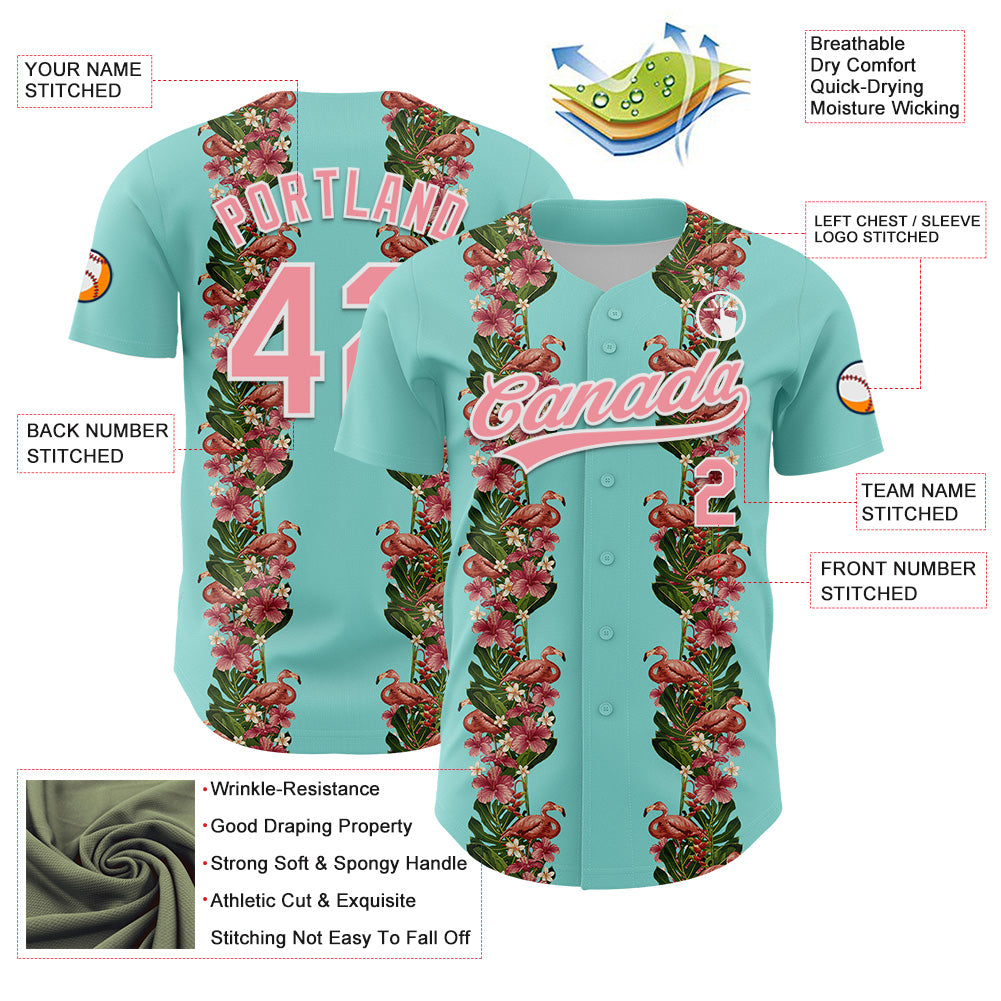 Custom Ice Blue Medium Pink-White 3D Tropical Hawaii Plant And Flamingo Authentic Baseball Jersey view 3