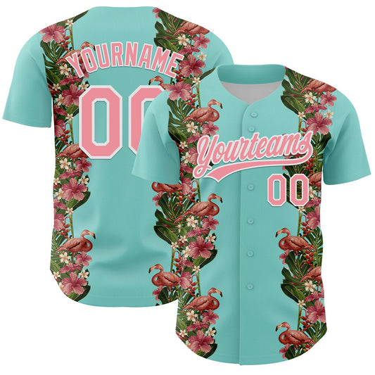 Custom Ice Blue Medium Pink-White 3D Tropical Hawaii Plant And Flamingo Authentic Baseball Jersey - Main View