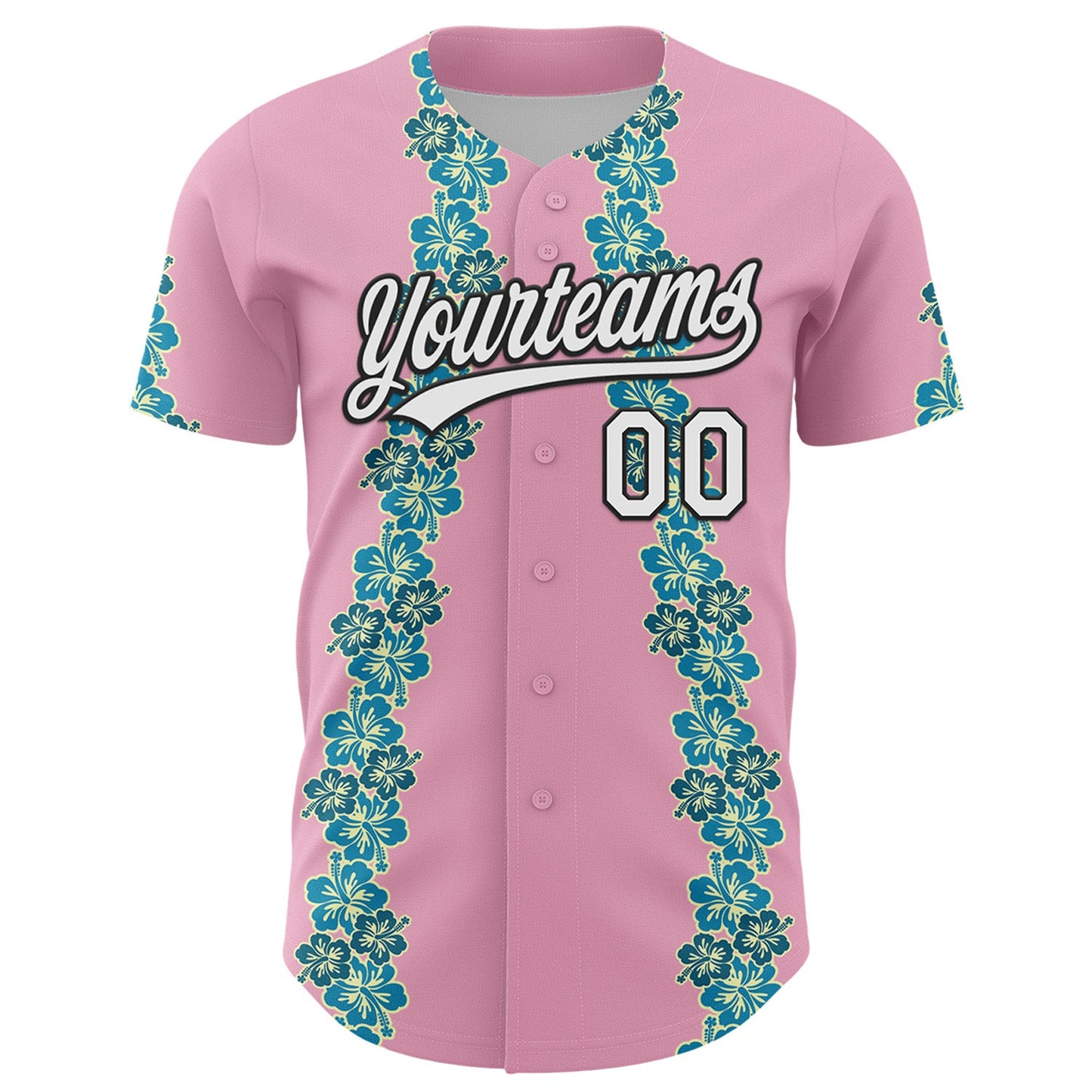 Custom Light Pink White-Black 3D Tropical Hawaii Flower Authentic Baseball Jersey view 2