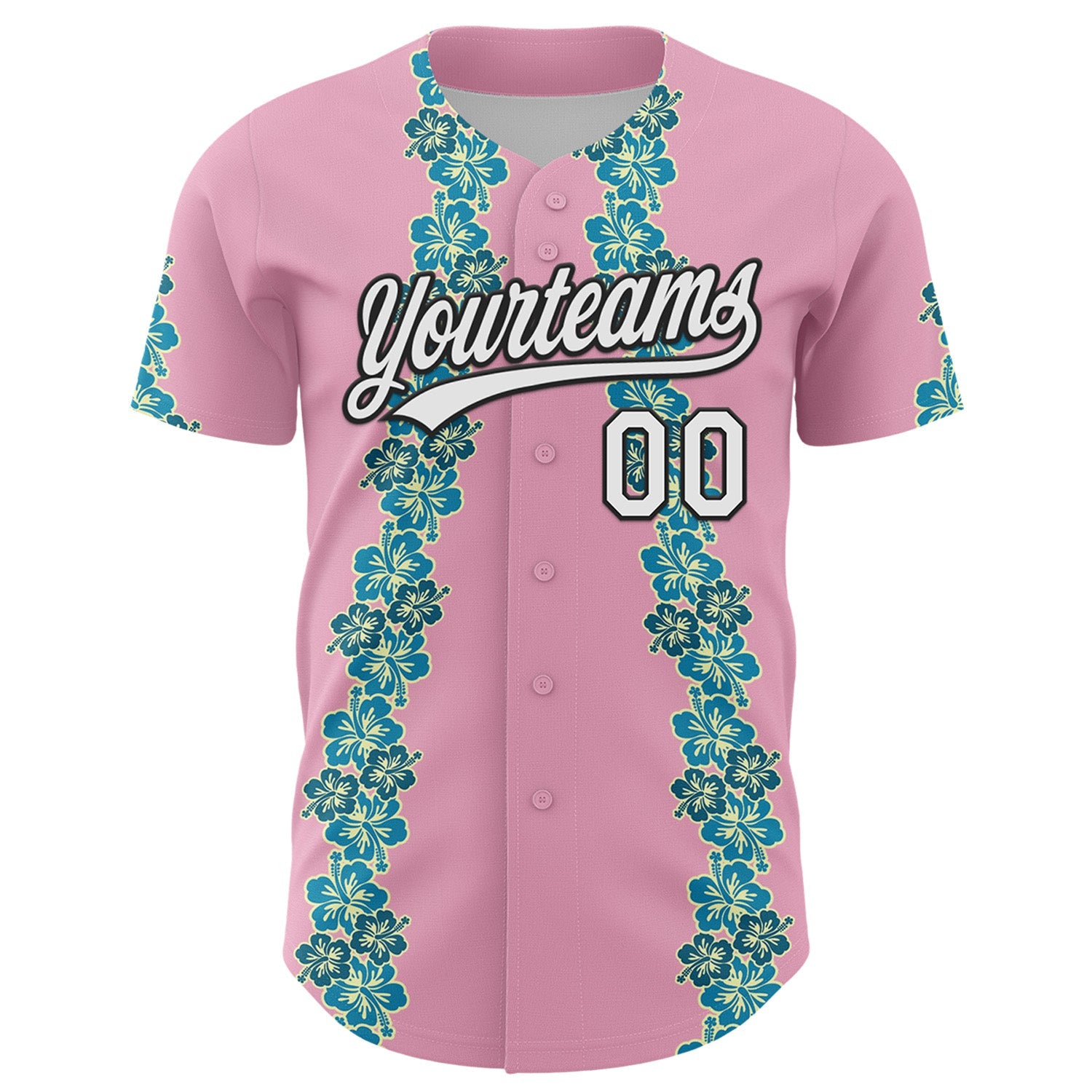 Custom Light Pink White-Black 3D Tropical Hawaii Flower Authentic Baseball Jersey view 2