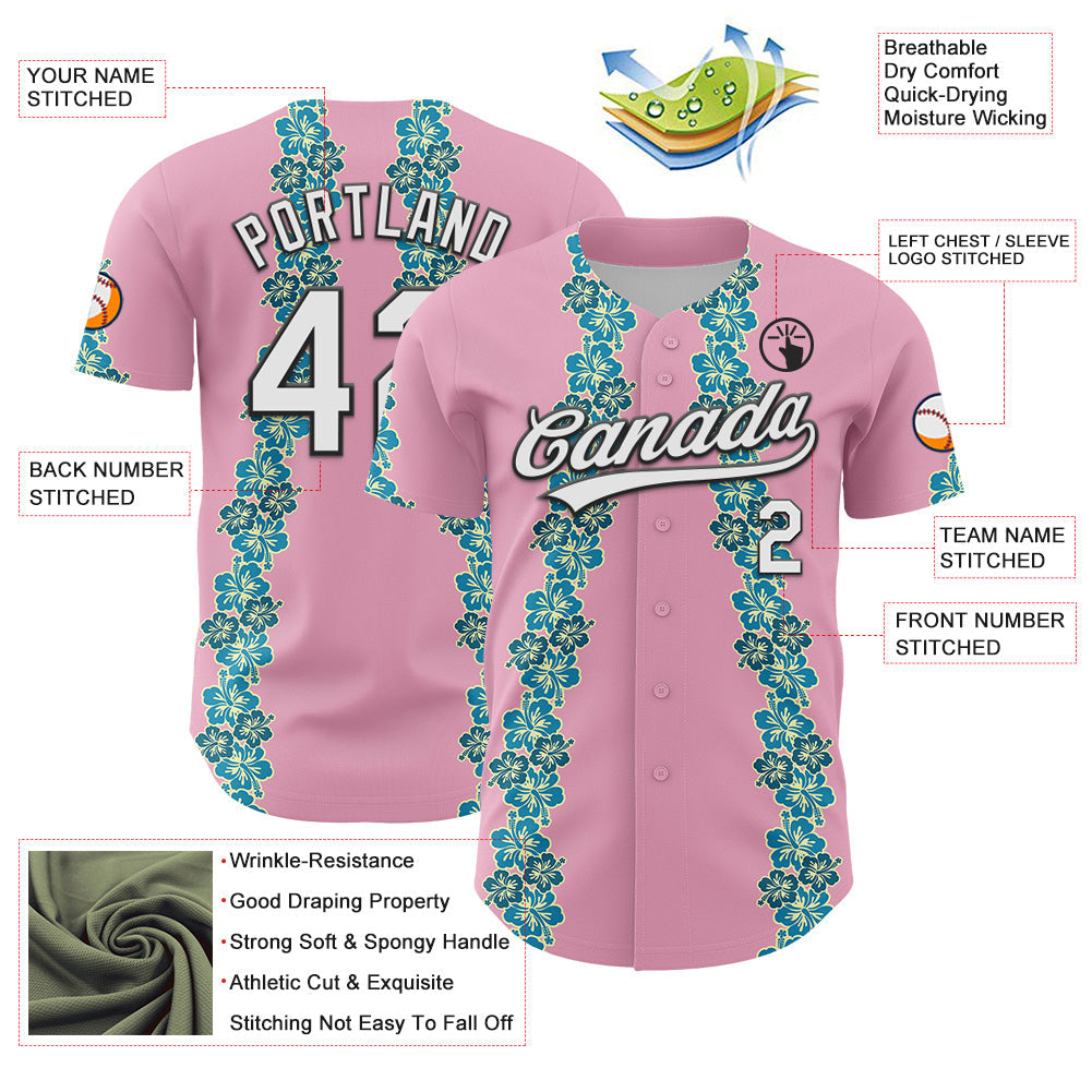 Custom Light Pink White-Black 3D Tropical Hawaii Flower Authentic Baseball Jersey view 3