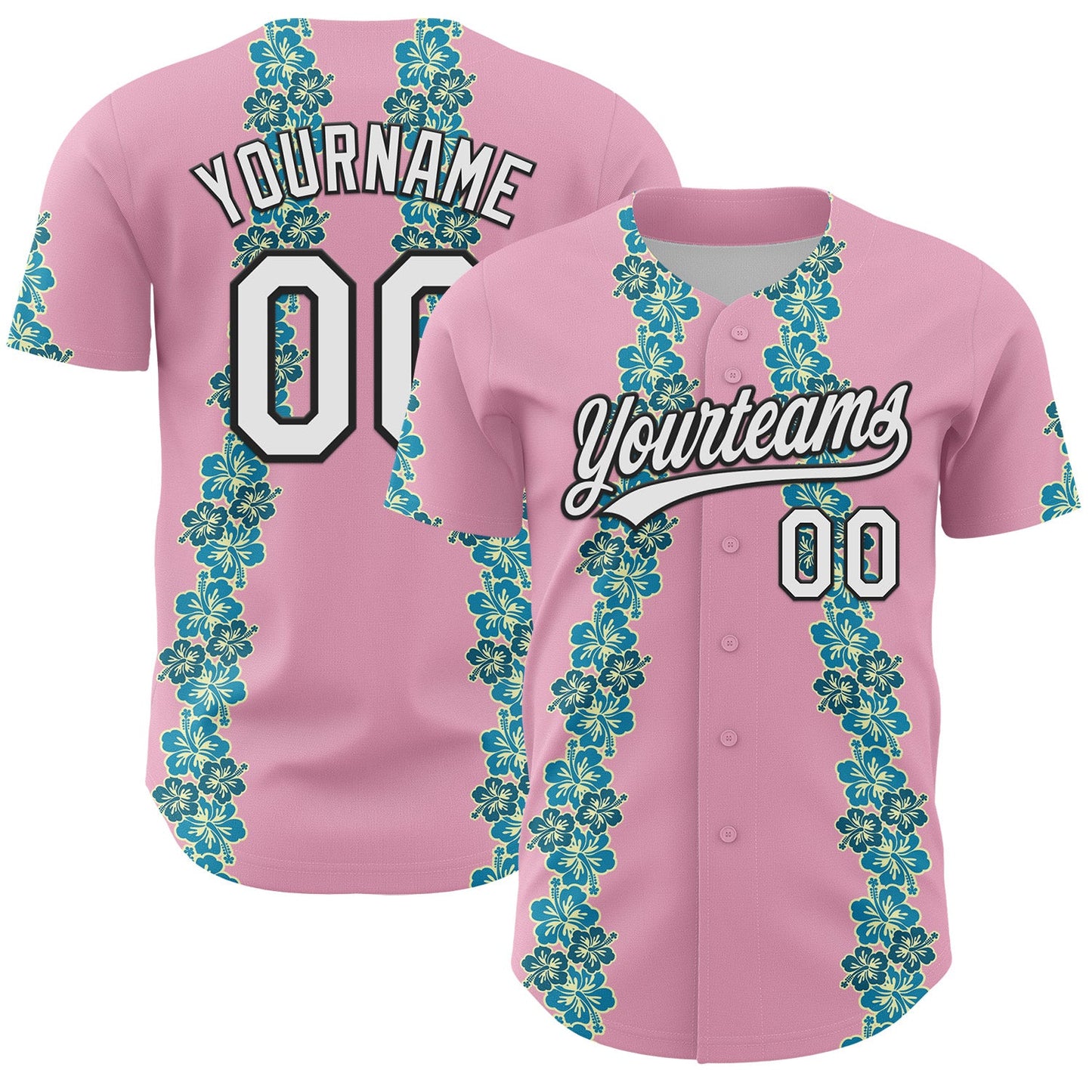 Custom Light Pink White-Black 3D Tropical Hawaii Flower Authentic Baseball Jersey - Main View