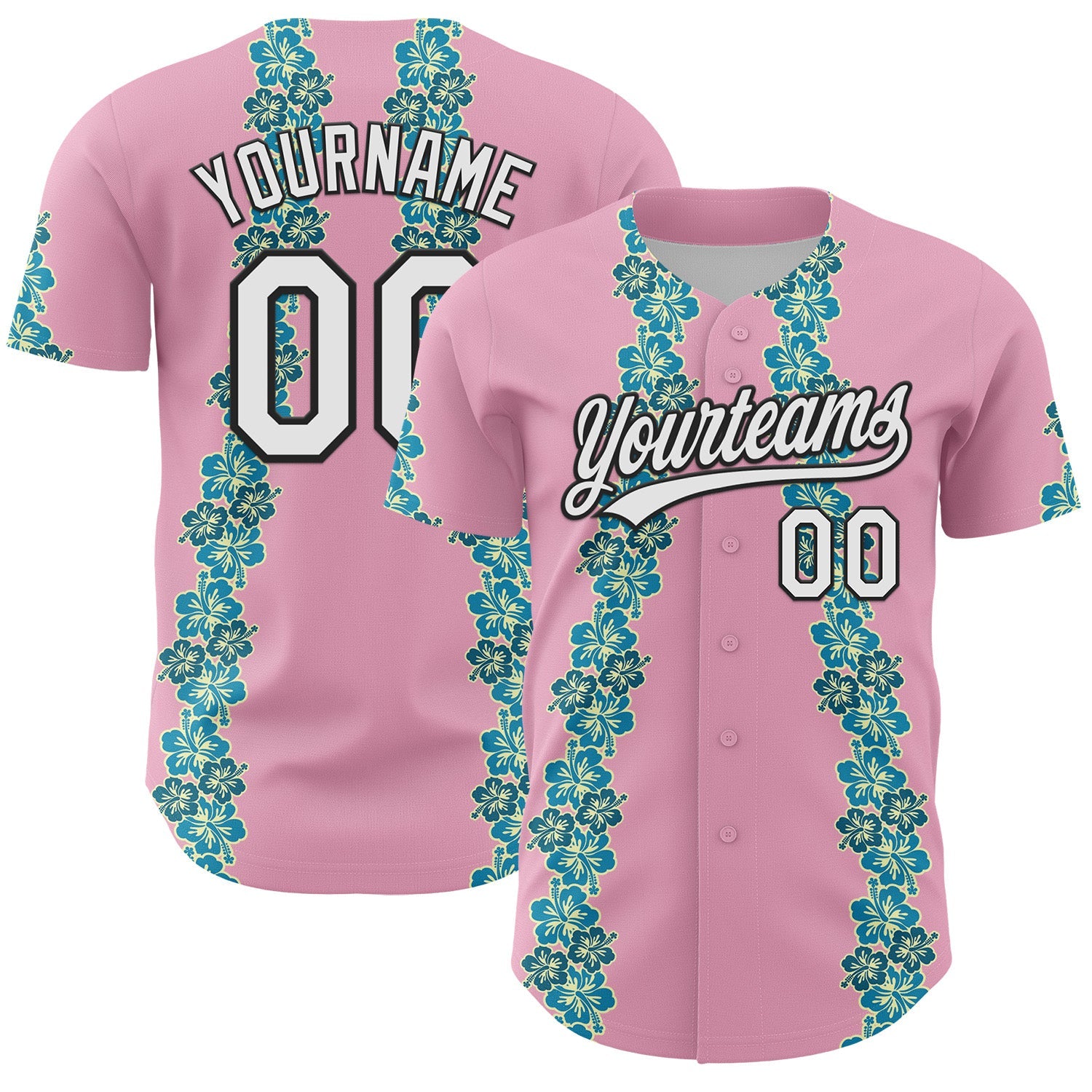 Custom Light Pink White-Black 3D Tropical Hawaii Flower Authentic Baseball Jersey - Main View