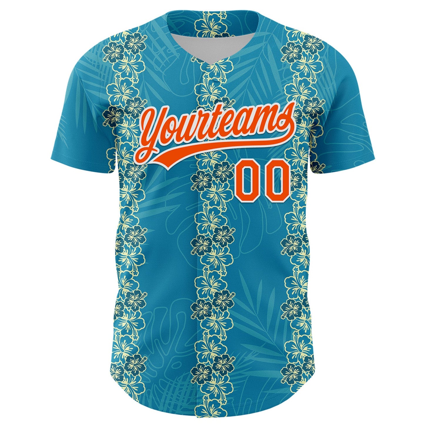 Custom Sky Blue Orange-White 3D Tropical Hawaii Jungle Leaves And Flower Authentic Baseball Jersey view 2