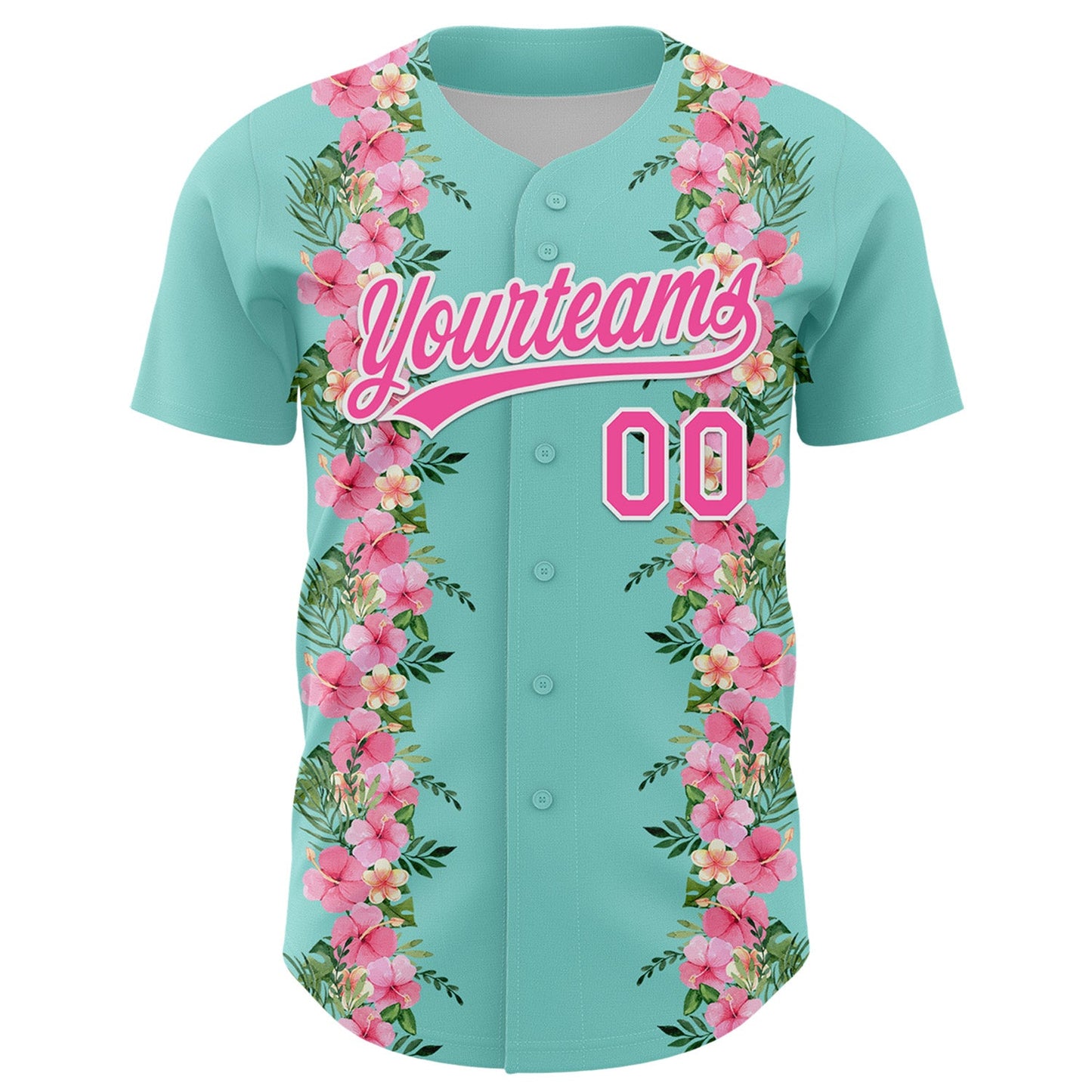Custom Ice Blue Pink-White 3D Tropical Hawaii Jungle Leaves And Flower Authentic Baseball Jersey view 2