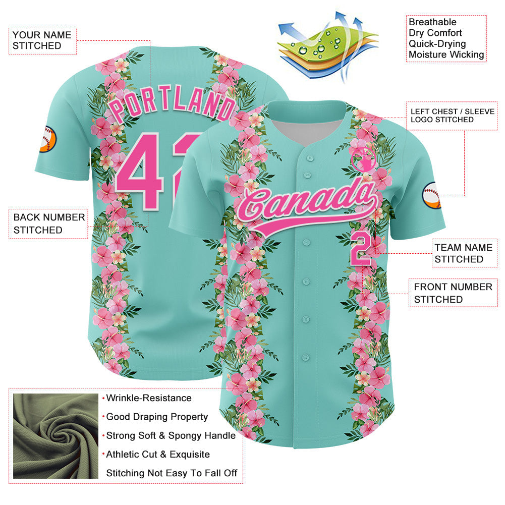 Custom Ice Blue Pink-White 3D Tropical Hawaii Jungle Leaves And Flower Authentic Baseball Jersey view 3