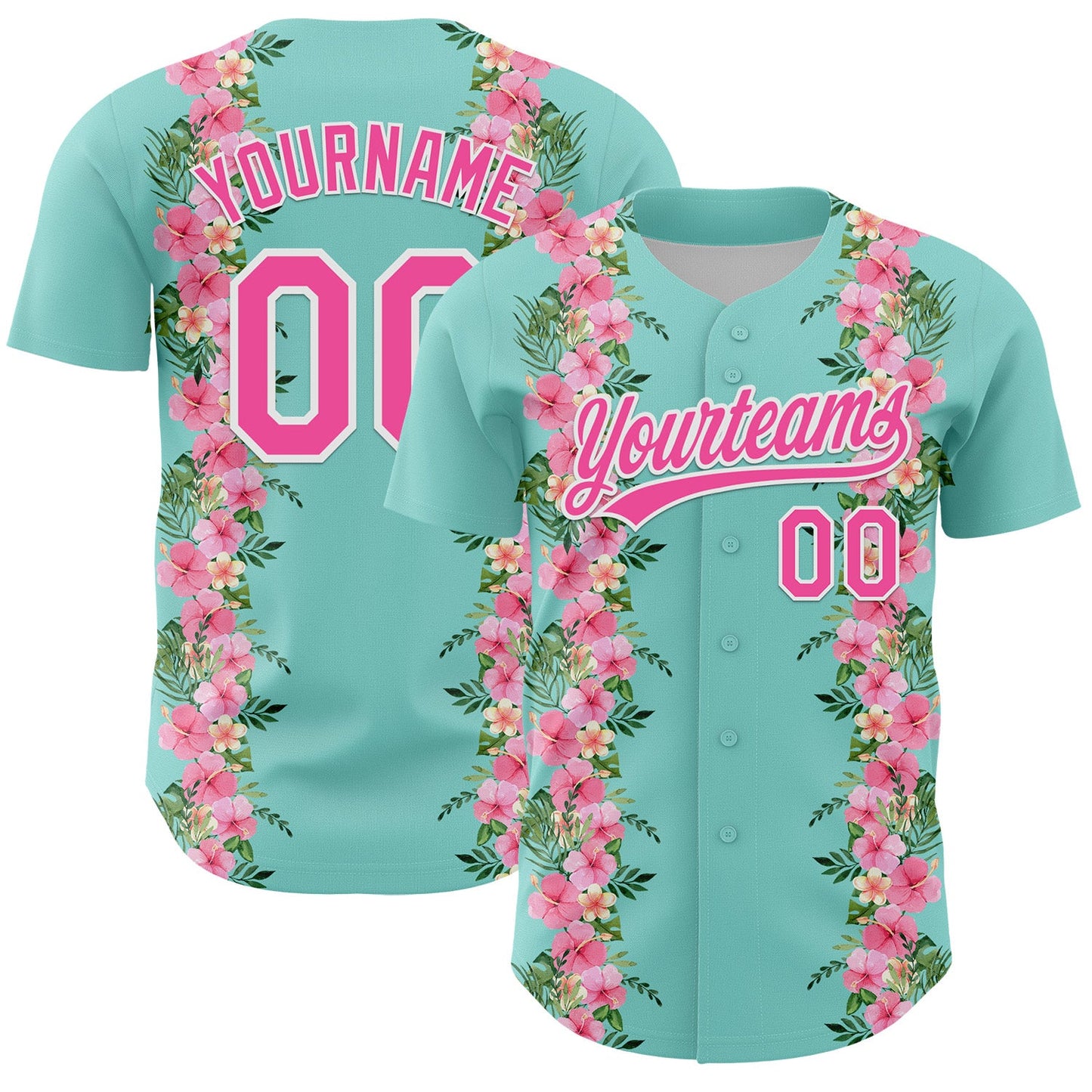 Custom Ice Blue Pink-White 3D Tropical Hawaii Jungle Leaves And Flower Authentic Baseball Jersey - Main View