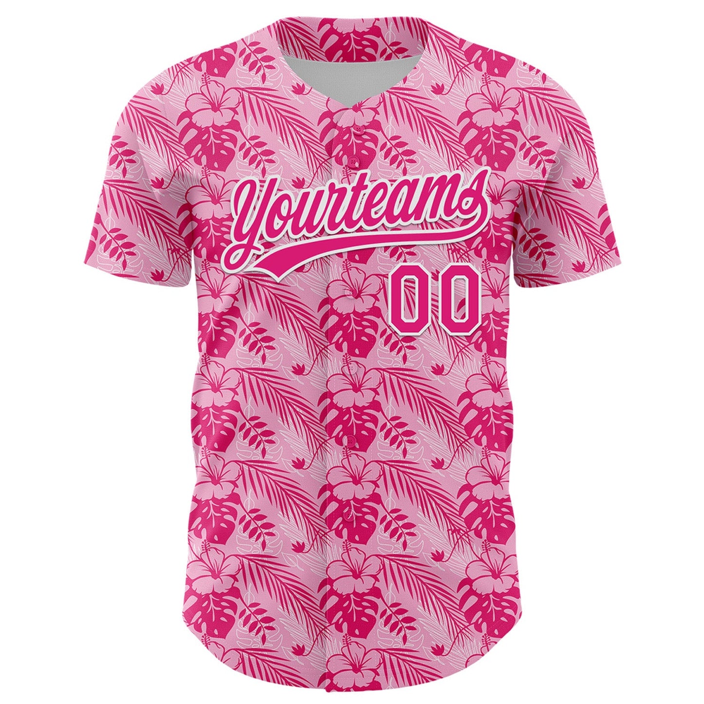 Custom Hot Pink White 3D Tropical Hawaii Jungle Leaves And Flower Authentic Baseball Jersey view 2