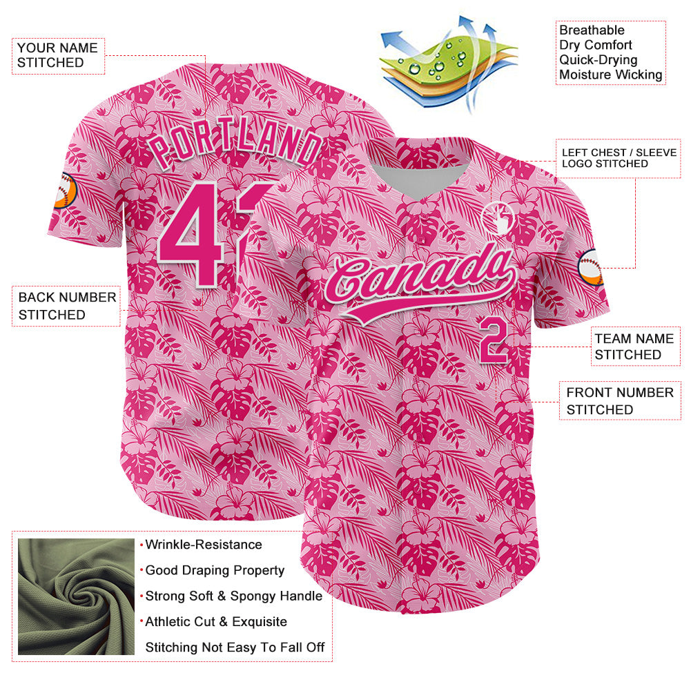 Custom Hot Pink White 3D Tropical Hawaii Jungle Leaves And Flower Authentic Baseball Jersey view 3