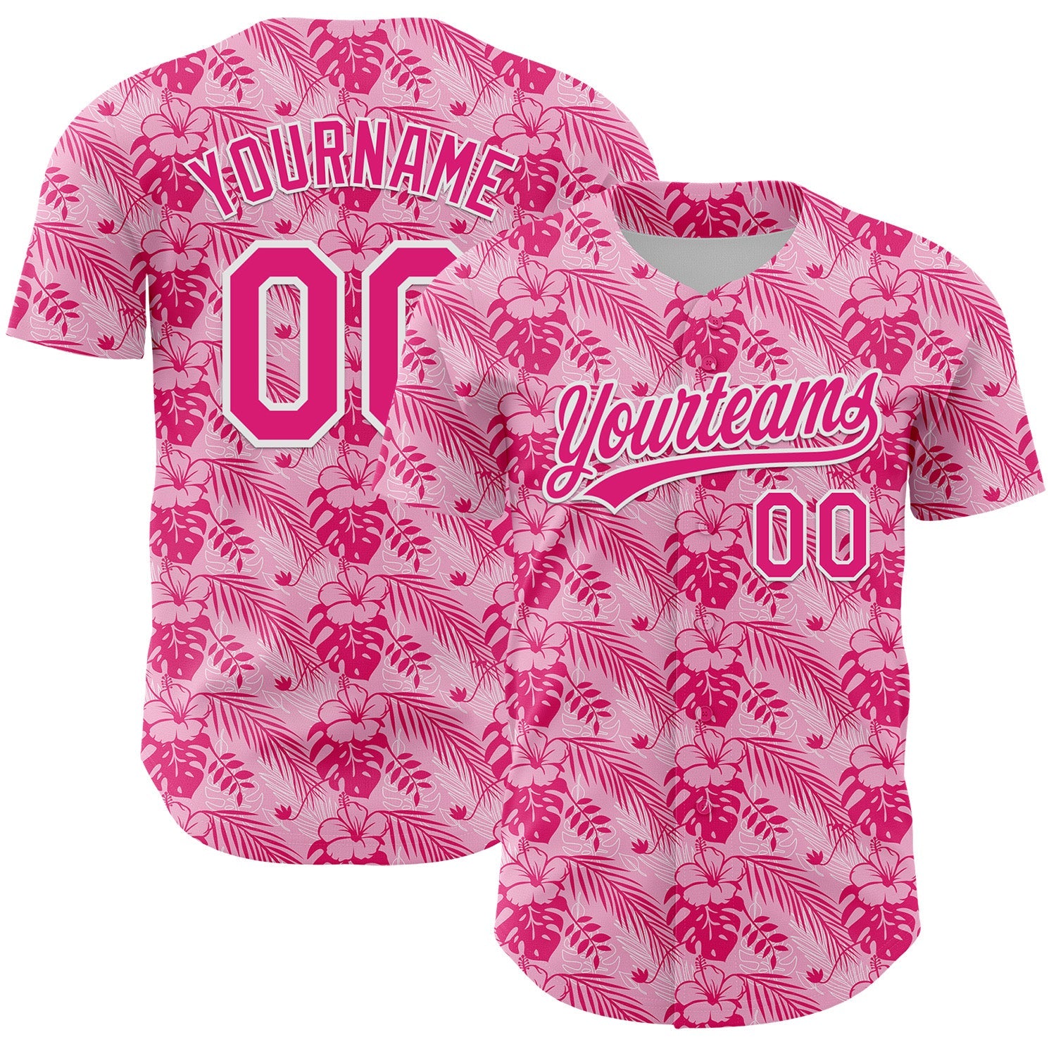 Custom Hot Pink White 3D Tropical Hawaii Jungle Leaves And Flower Authentic Baseball Jersey - Main View