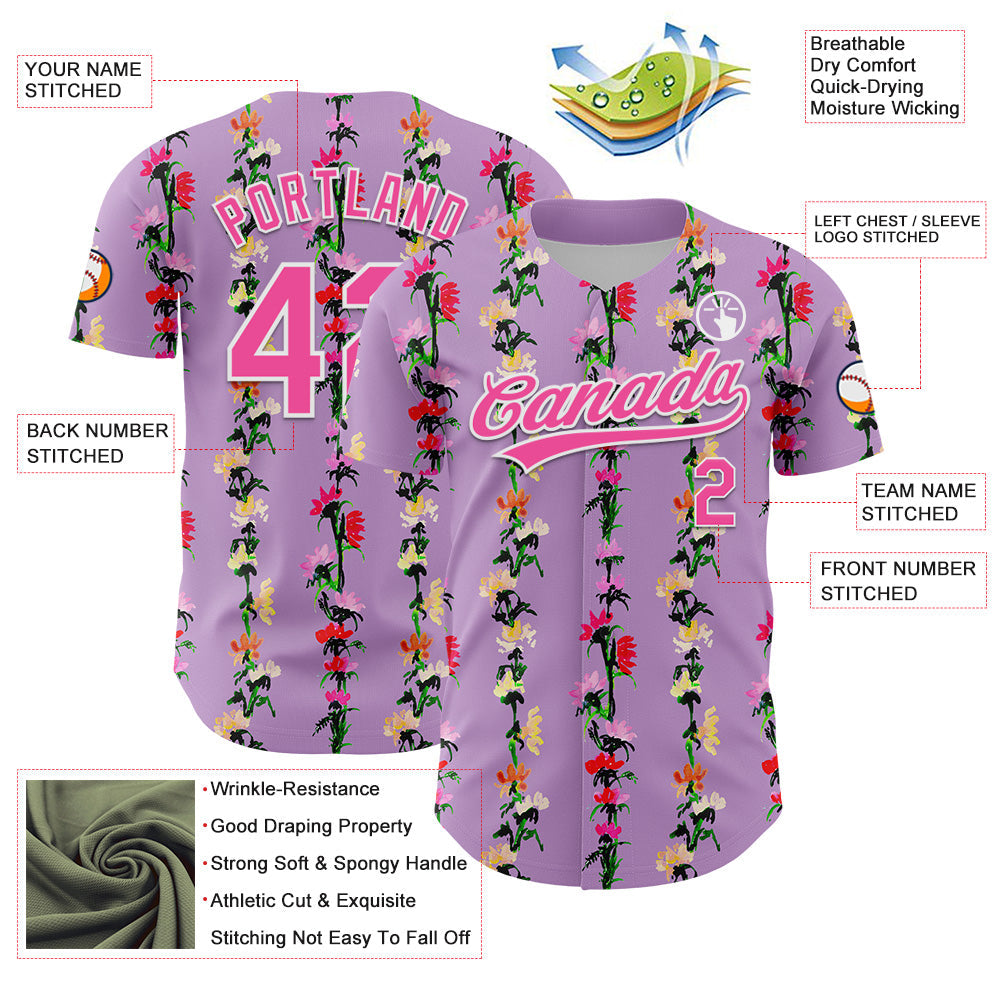 Custom Light Purple Pink-White 3D Tropical Hawaii Flower Authentic Baseball Jersey view 3