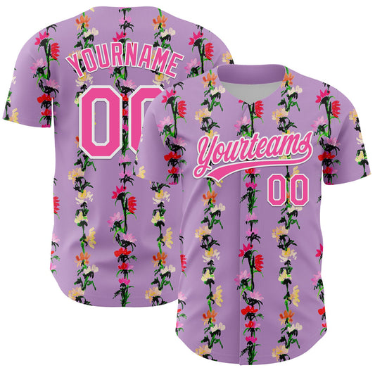 Custom Light Purple Pink-White 3D Tropical Hawaii Flower Authentic Baseball Jersey - Main View