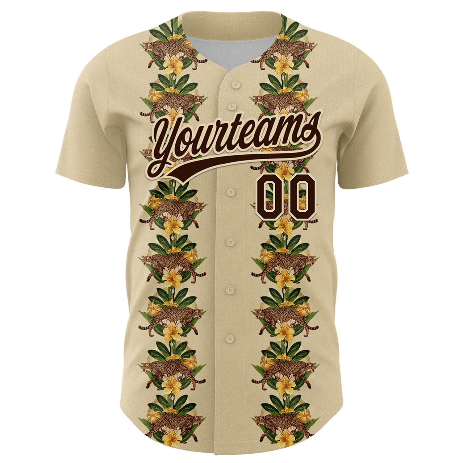 Custom Cream Brown 3D Tropical Hawaii Jungle Plant And Leopard Authentic Baseball Jersey view 2