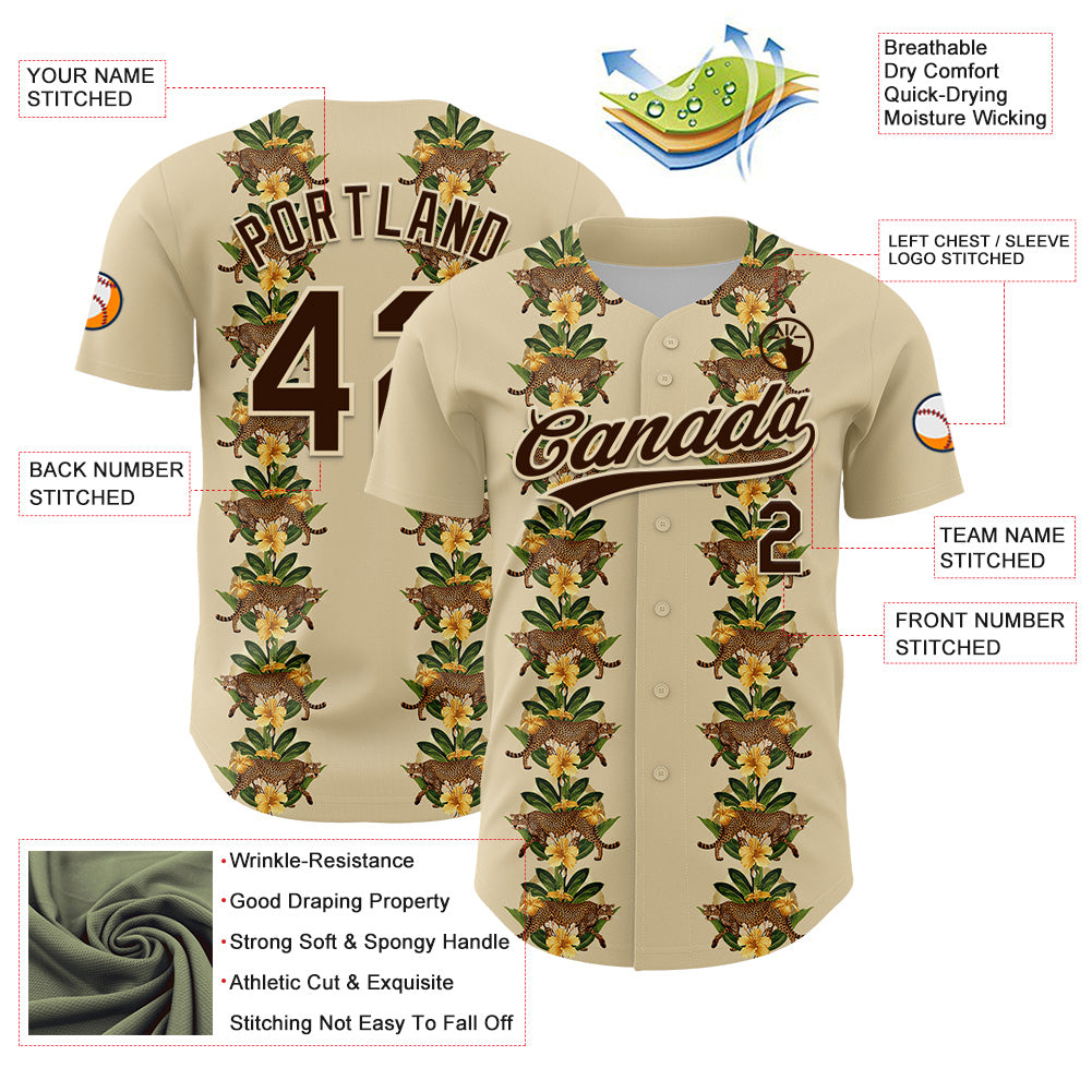 Custom Cream Brown 3D Tropical Hawaii Jungle Plant And Leopard Authentic Baseball Jersey view 3