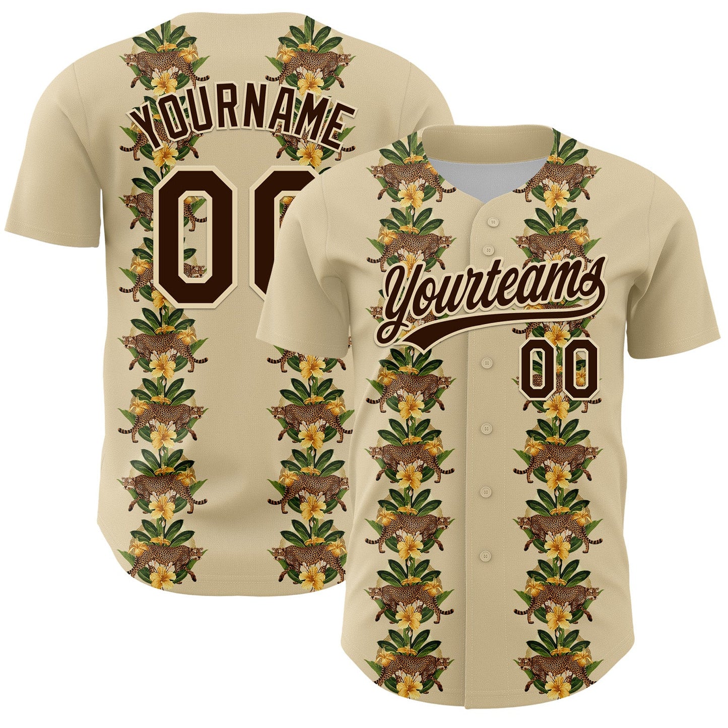 Custom Cream Brown 3D Tropical Hawaii Jungle Plant And Leopard Authentic Baseball Jersey - Main View