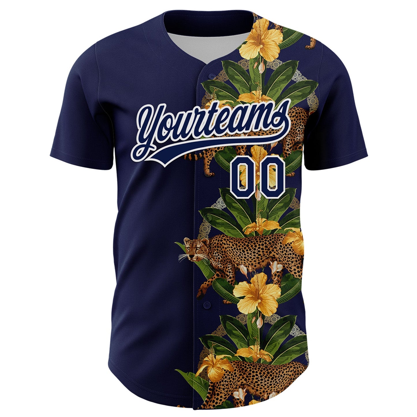 Custom Navy White 3D Tropical Hawaii Jungle Plant And Leopard Authentic Baseball Jersey view 2