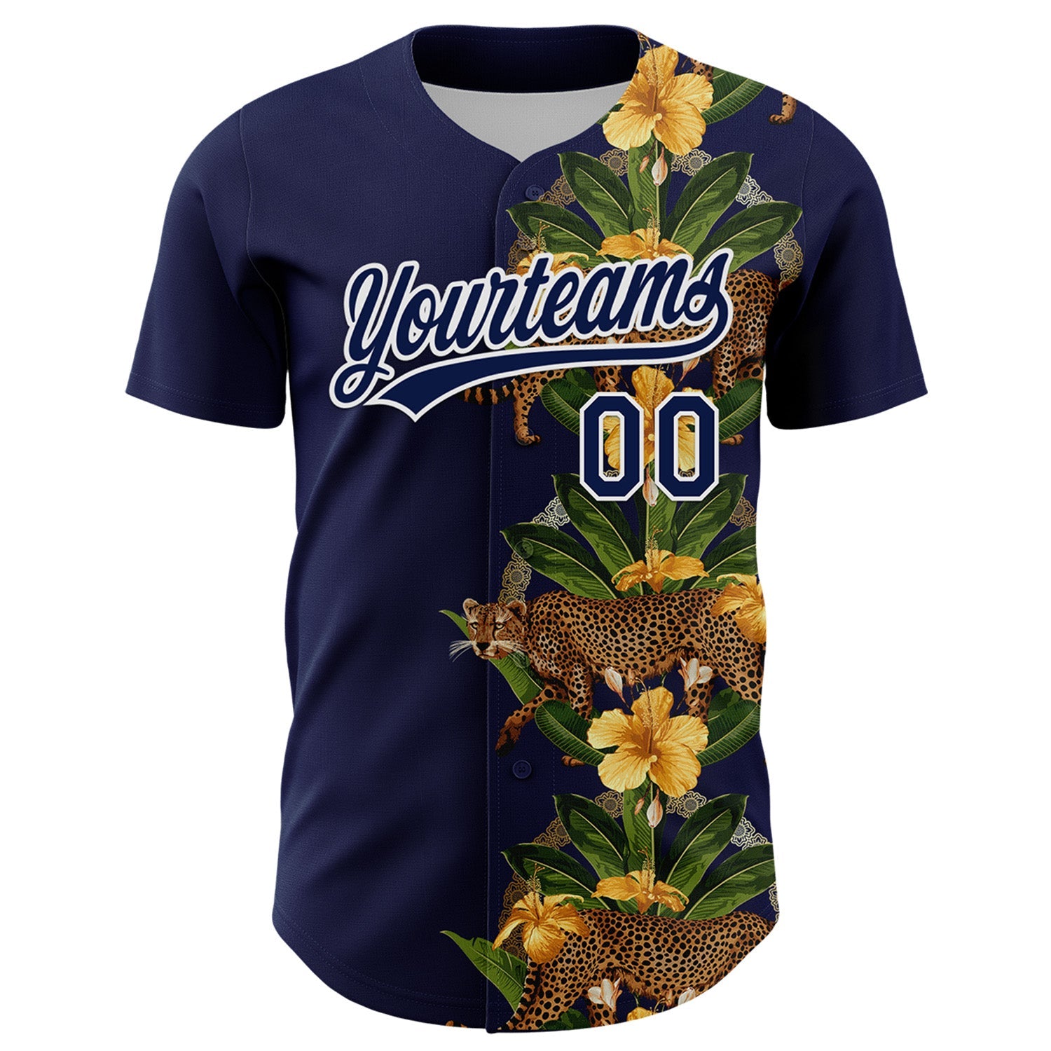 Custom Navy White 3D Tropical Hawaii Jungle Plant And Leopard Authentic Baseball Jersey view 2