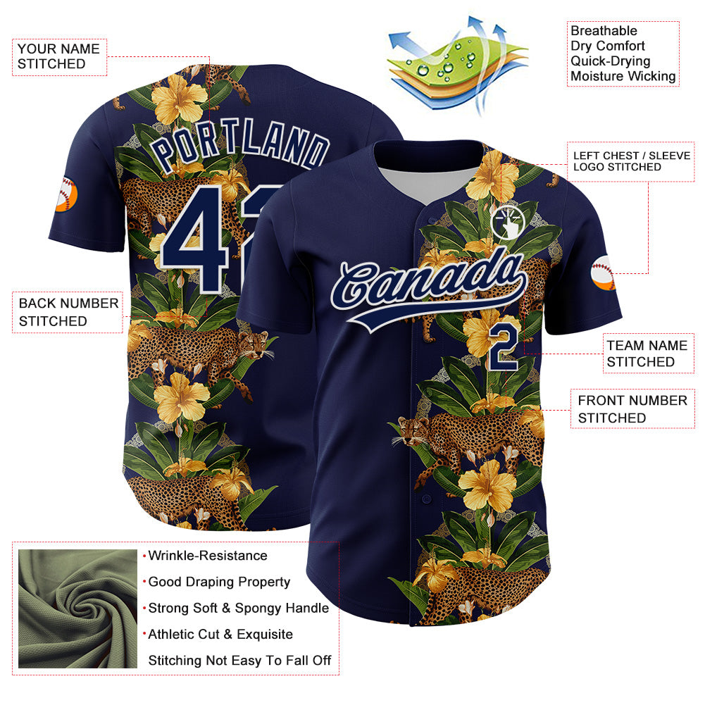 Custom Navy White 3D Tropical Hawaii Jungle Plant And Leopard Authentic Baseball Jersey view 3
