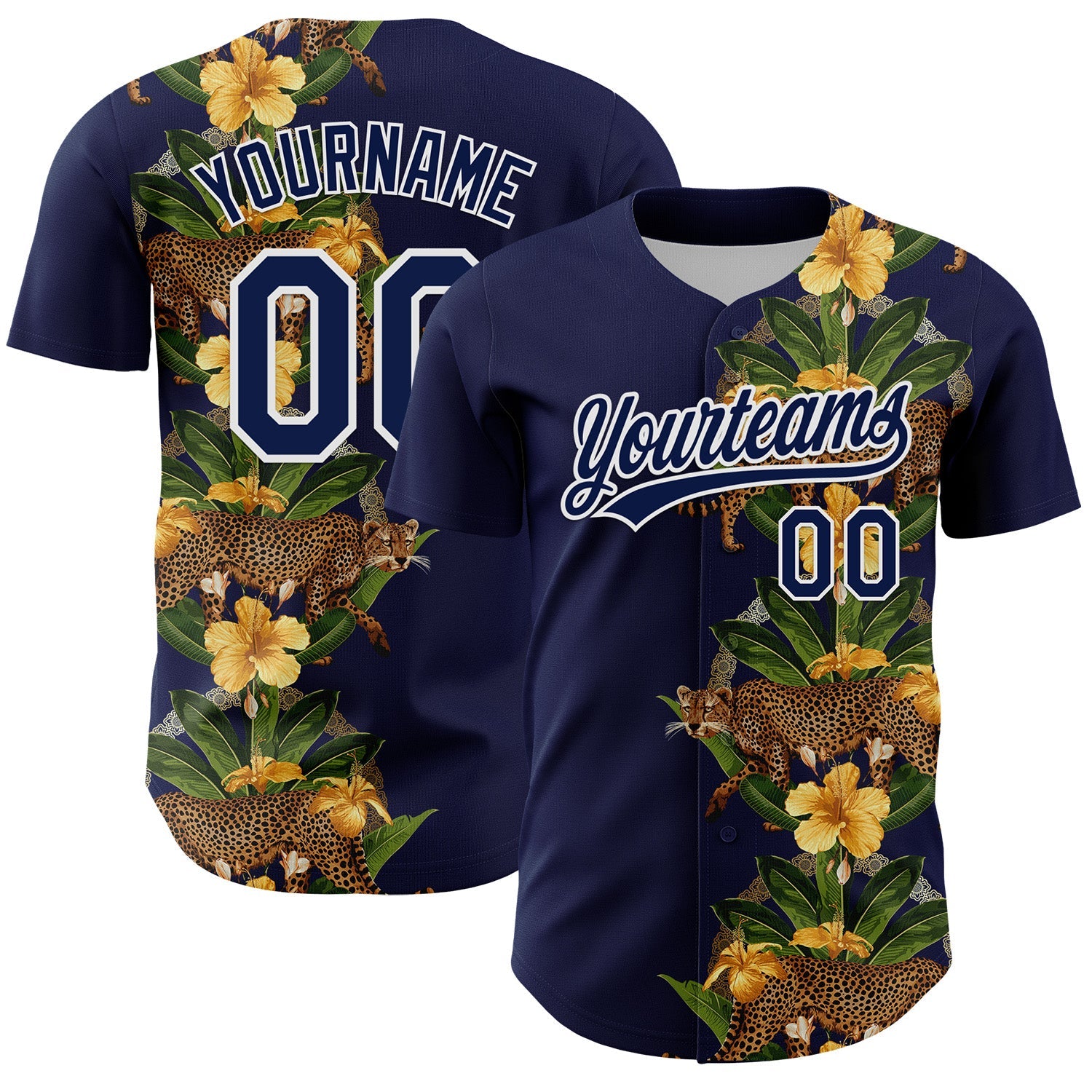 Custom Navy White 3D Tropical Hawaii Jungle Plant And Leopard Authentic Baseball Jersey - Main View