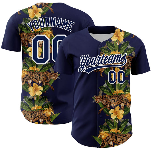 Custom Navy White 3D Tropical Hawaii Jungle Plant And Leopard Authentic Baseball Jersey - Main View