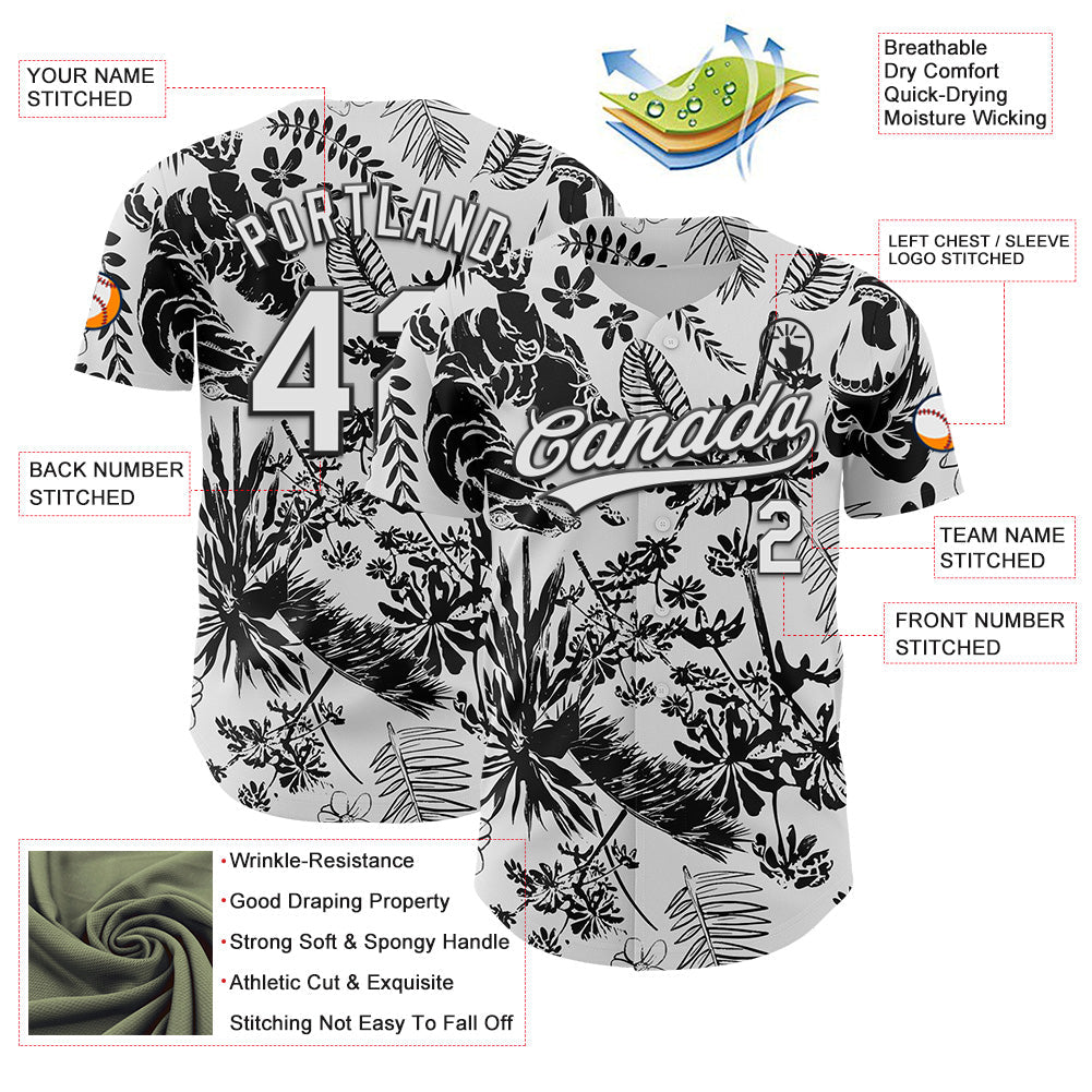 Custom White Black 3D Tropical Hawaii Jungle Plant Authentic Baseball Jersey view 3
