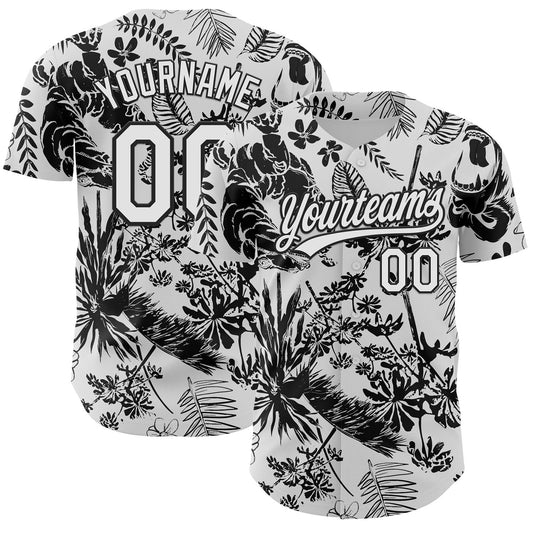 Custom White Black 3D Tropical Hawaii Jungle Plant Authentic Baseball Jersey - Main View