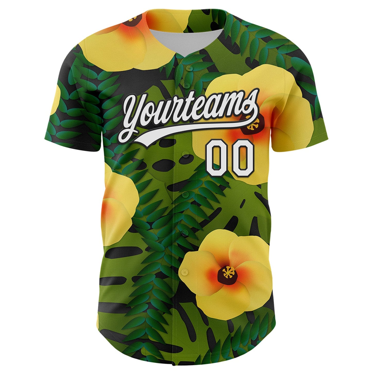 Custom Green White-Black 3D Tropical Hawaii Jungle Leaves And Flower Authentic Baseball Jersey view 2