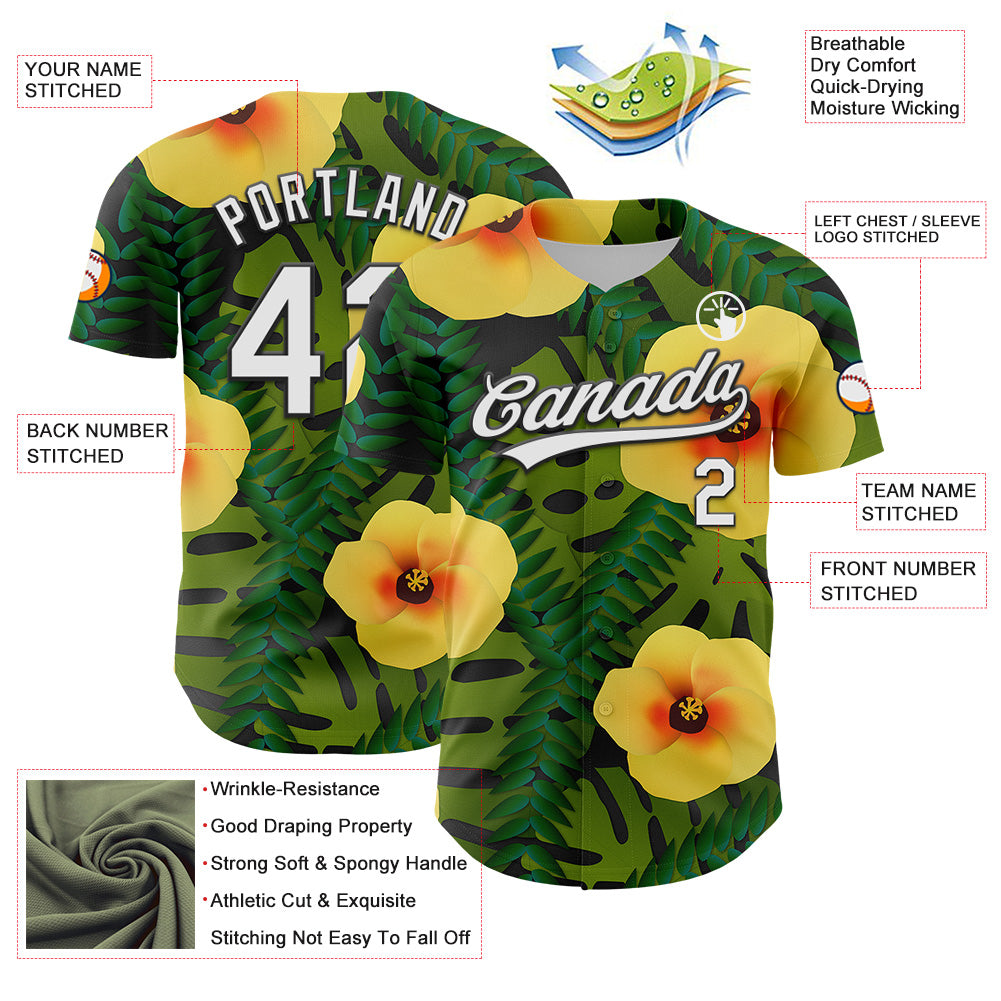 Custom Green White-Black 3D Tropical Hawaii Jungle Leaves And Flower Authentic Baseball Jersey view 3