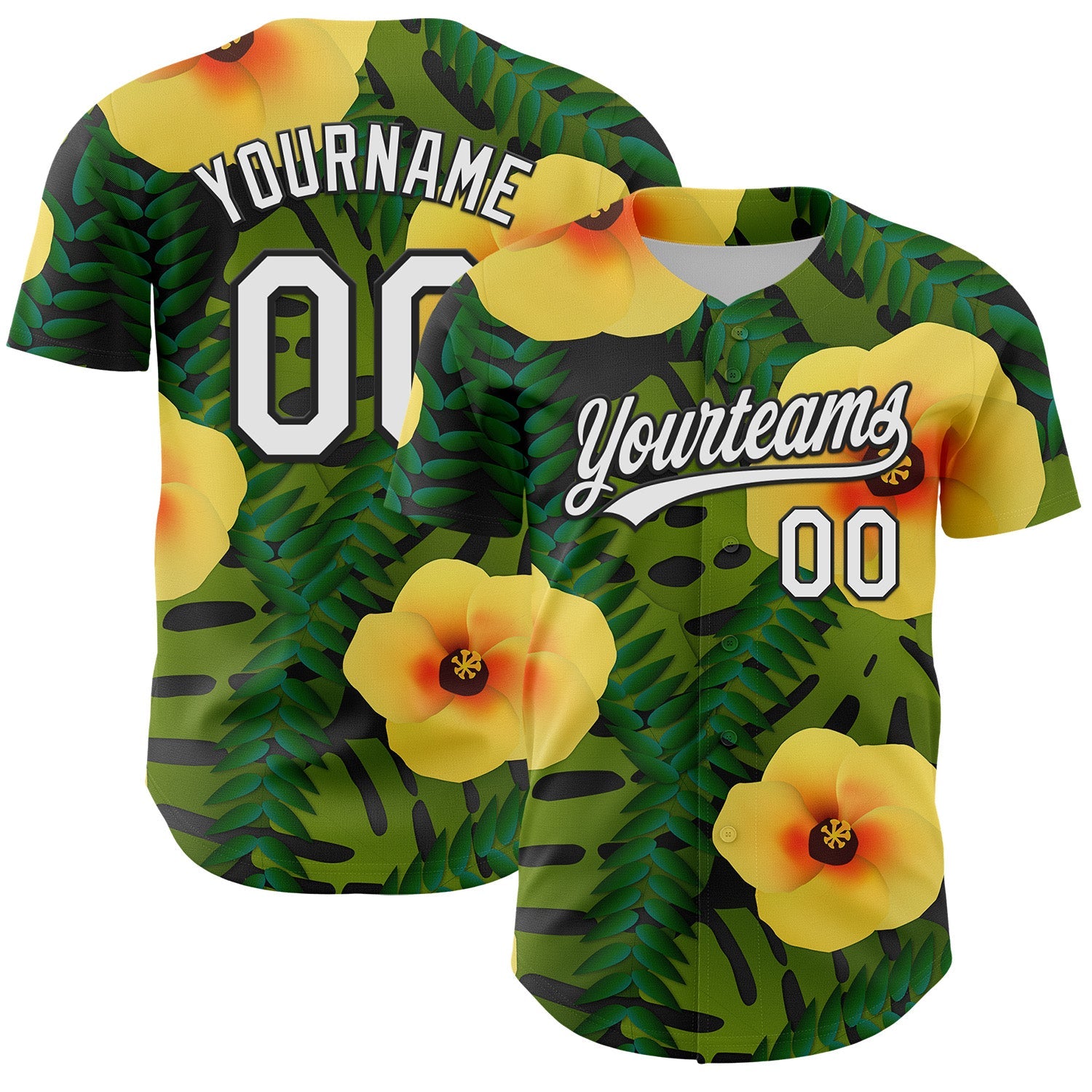 Custom Green White-Black 3D Tropical Hawaii Jungle Leaves And Flower Authentic Baseball Jersey - Main View