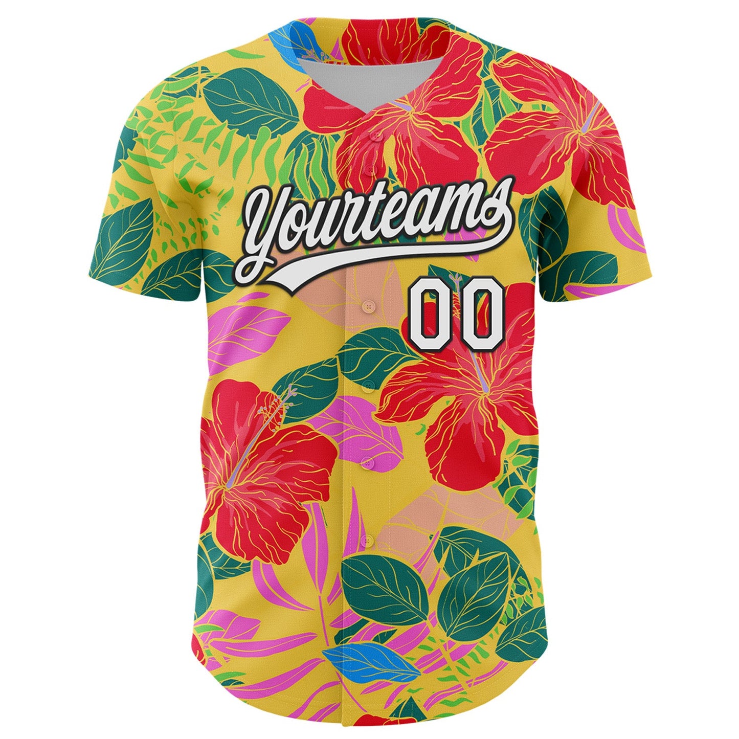 Custom Red White-Black 3D Tropical Hawaii Jungle Leaves And Flower Authentic Baseball Jersey view 2