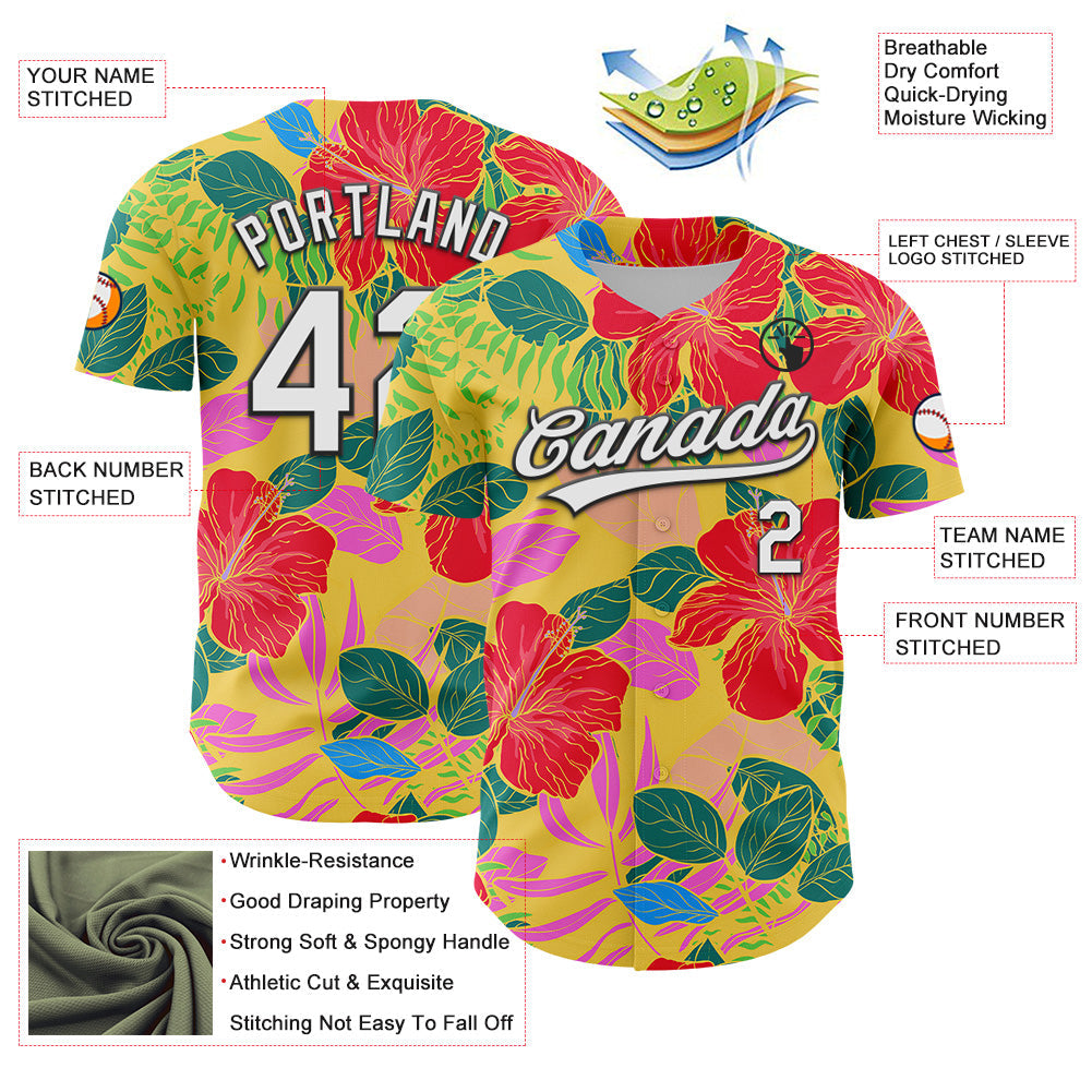 Custom Red White-Black 3D Tropical Hawaii Jungle Leaves And Flower Authentic Baseball Jersey view 3