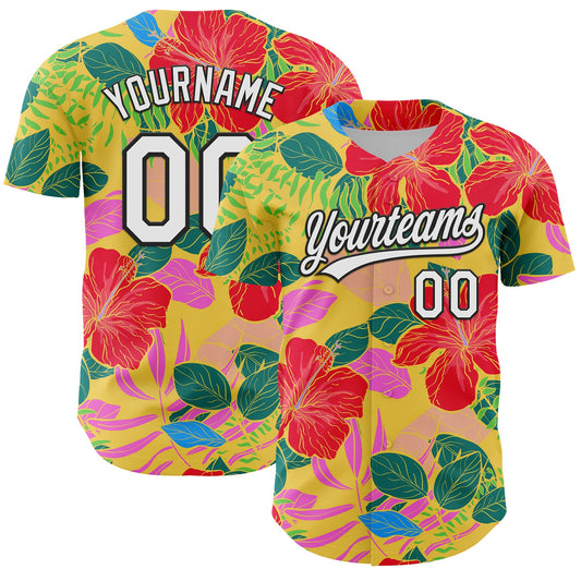 Custom Red White-Black 3D Tropical Hawaii Jungle Leaves And Flower Authentic Baseball Jersey - Main View