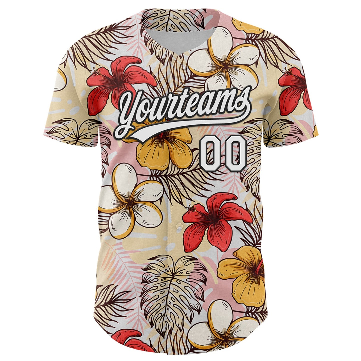 Custom White Black 3D Tropical Hawaii Jungle Leaves And Flower Authentic Baseball Jersey view 2