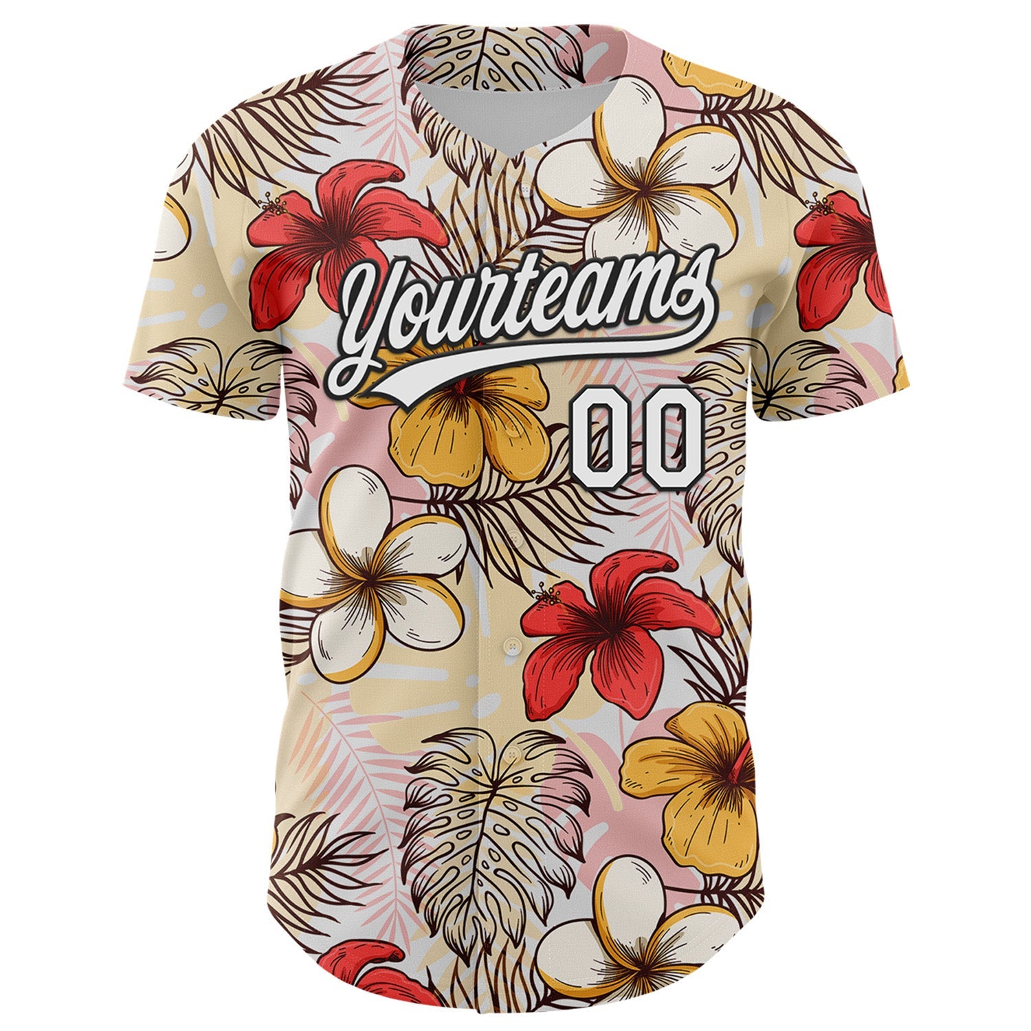 Custom White Black 3D Tropical Hawaii Jungle Leaves And Flower Authentic Baseball Jersey view 2