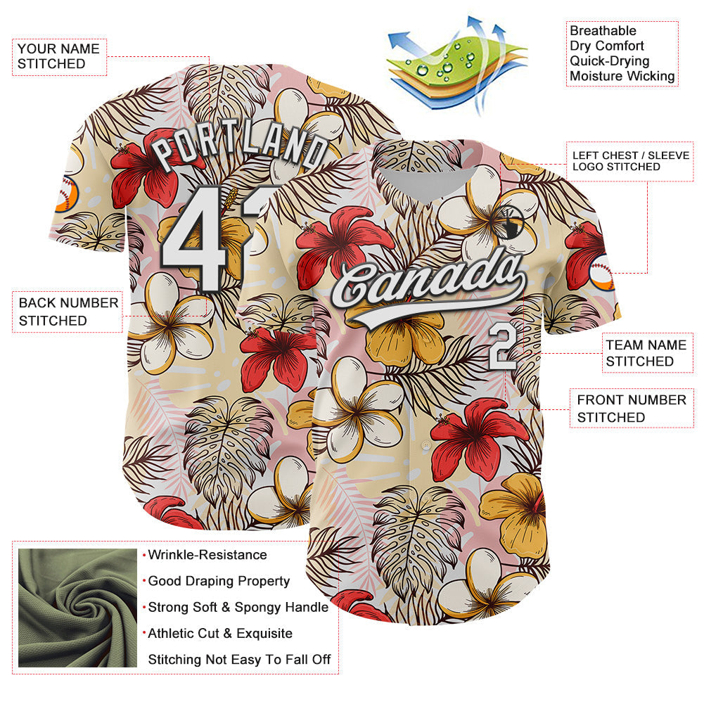 Custom White Black 3D Tropical Hawaii Jungle Leaves And Flower Authentic Baseball Jersey view 3
