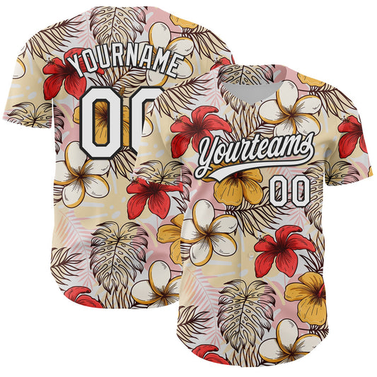 Custom White Black 3D Tropical Hawaii Jungle Leaves And Flower Authentic Baseball Jersey - Main View