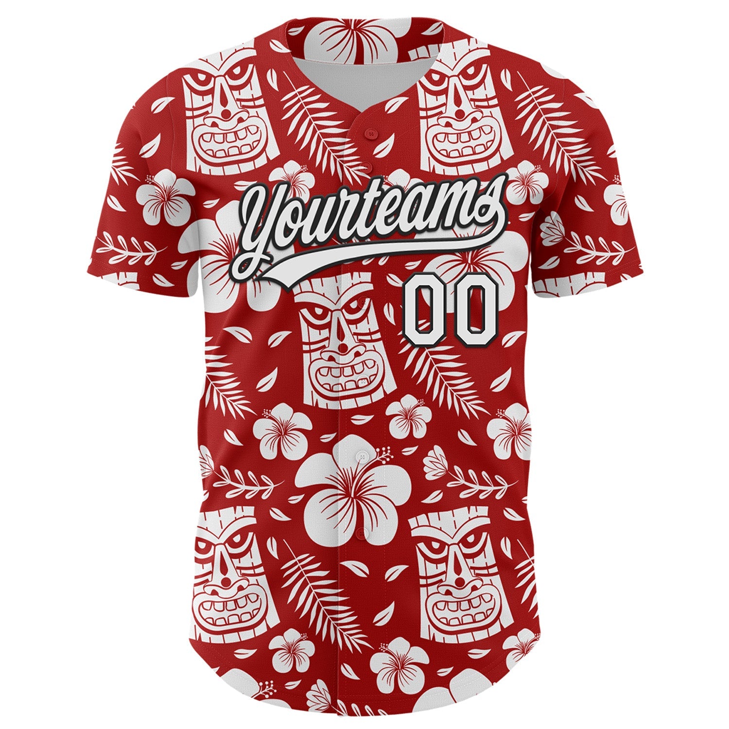 Custom Red White-Black 3D Tropical Hawaii Jungle Leaves Flower And Tiki Mask Authentic Baseball Jersey view 2