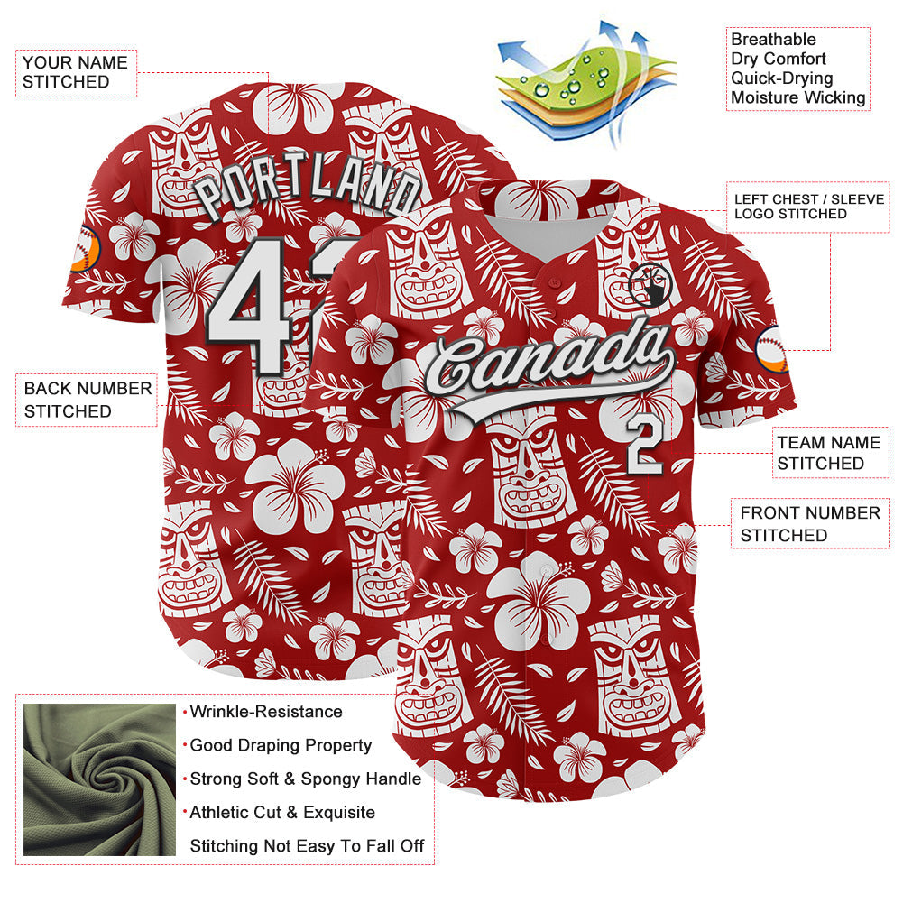 Custom Red White-Black 3D Tropical Hawaii Jungle Leaves Flower And Tiki Mask Authentic Baseball Jersey view 3