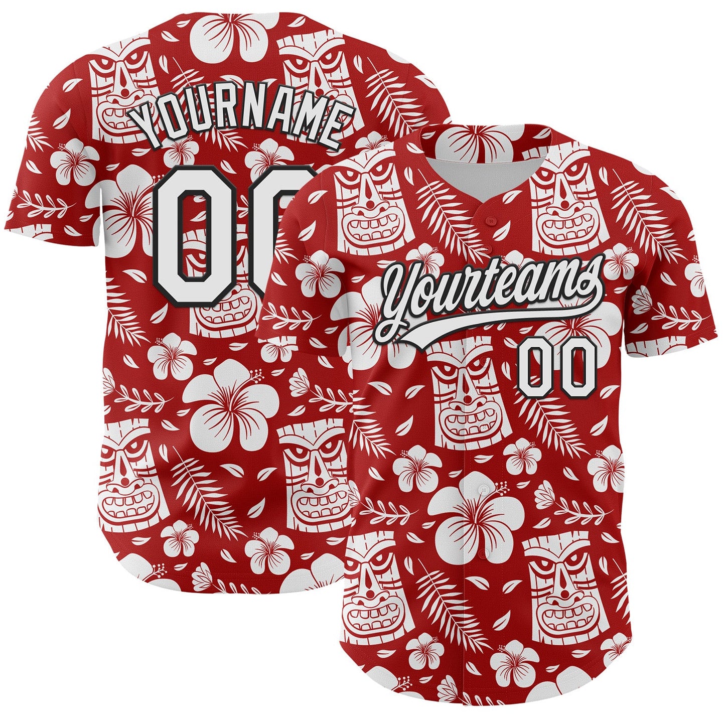 Custom Red White-Black 3D Tropical Hawaii Jungle Leaves Flower And Tiki Mask Authentic Baseball Jersey - Main View