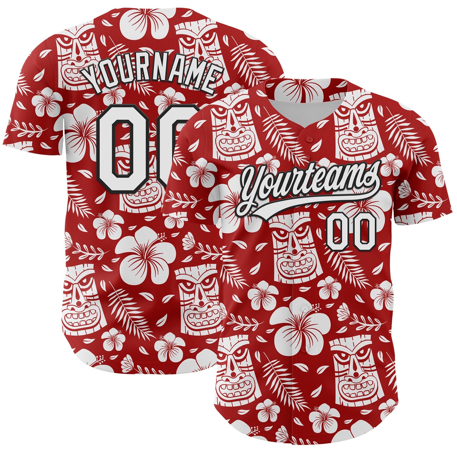Custom Red White-Black 3D Tropical Hawaii Jungle Leaves Flower And Tiki Mask Authentic Baseball Jersey - Main View